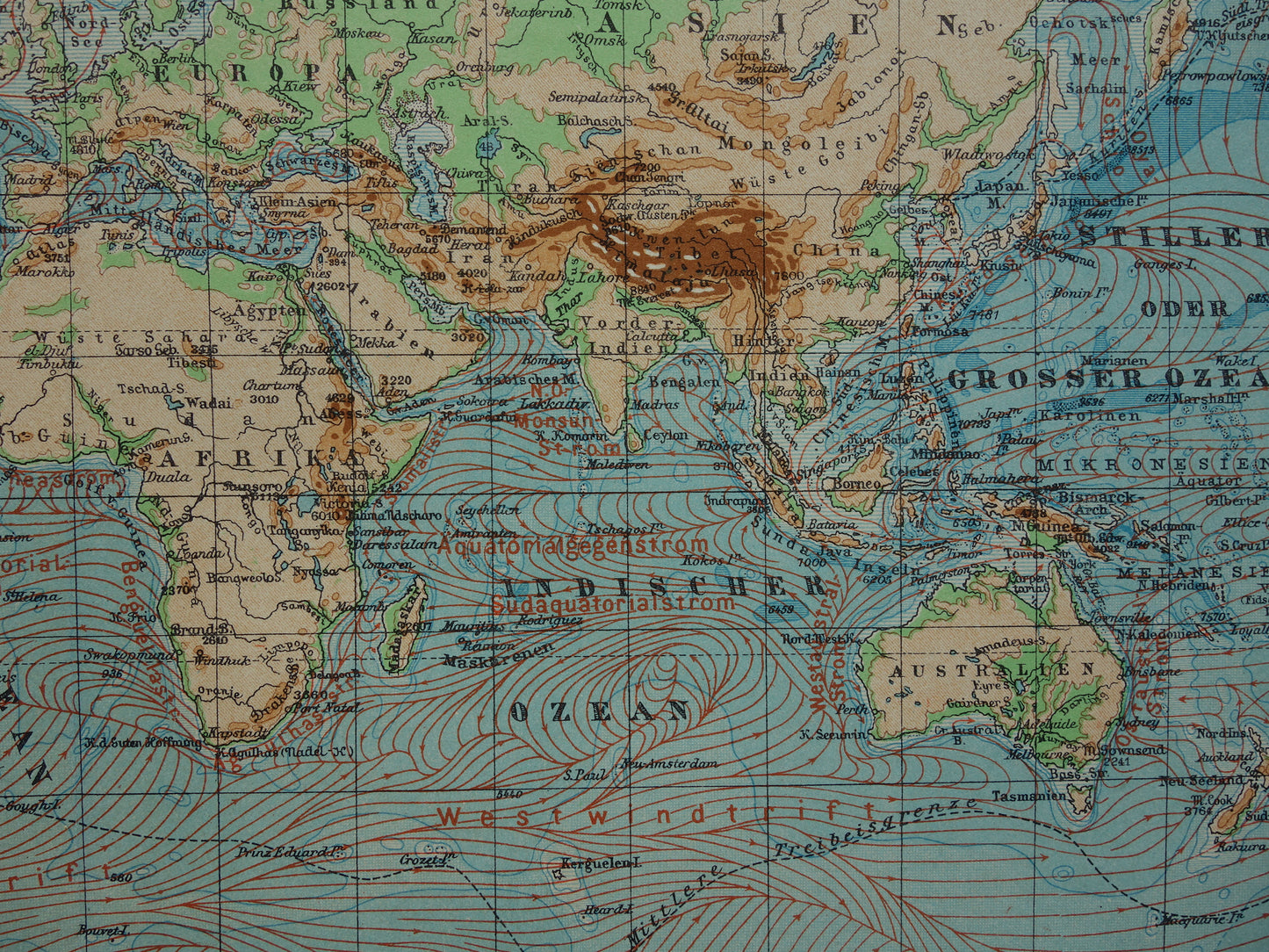 Oude WERELDKAART uit 1931 originele vintage kaart van de wereld - hoogtekaart met zeestromingen