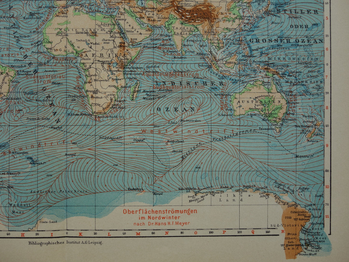 Oude WERELDKAART uit 1931 originele vintage kaart van de wereld - hoogtekaart met zeestromingen