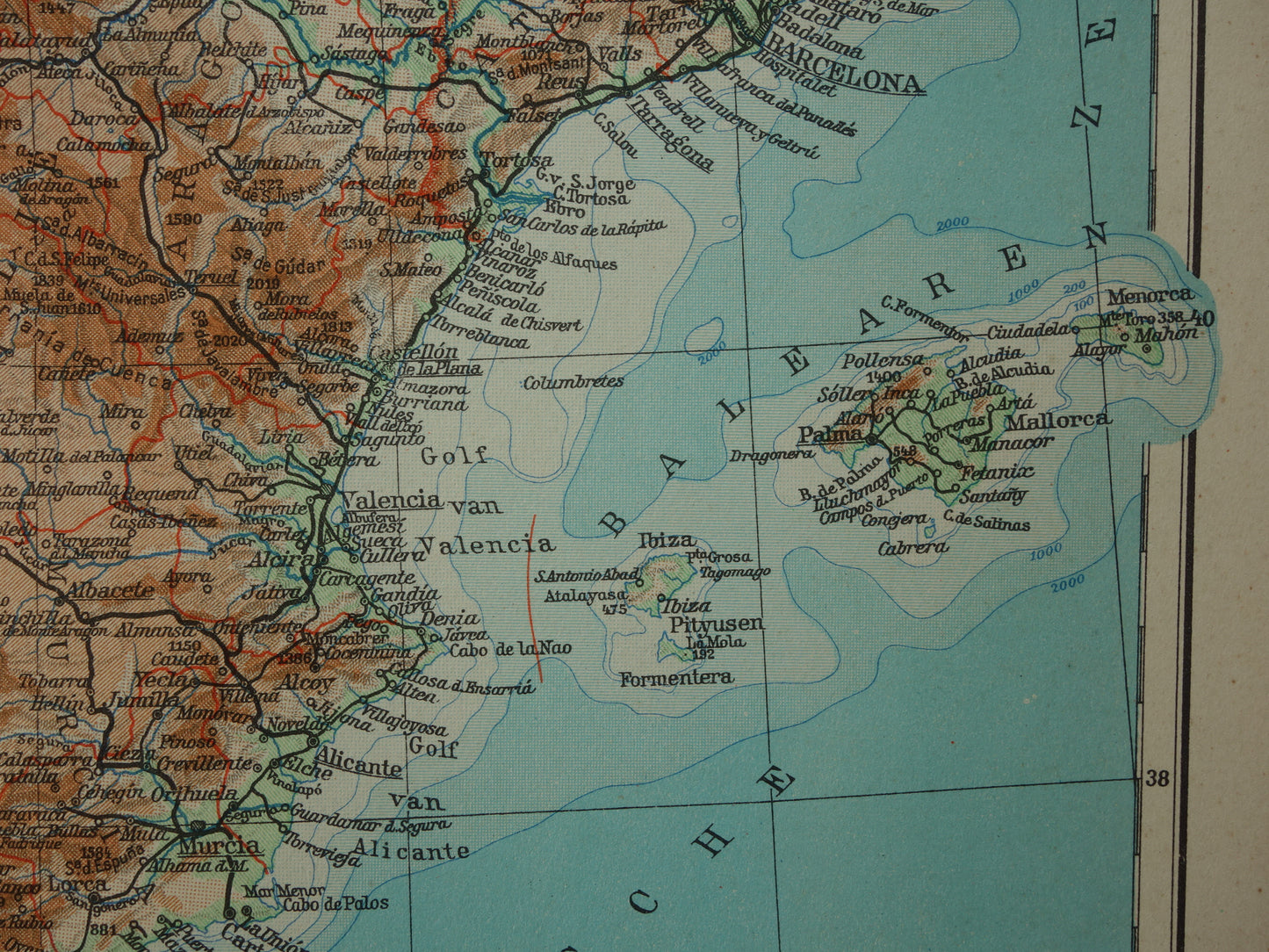 SPANJE Oude kaart uit het jaar 1938 historische Nederlandse landkaart Spanje Portugal vintage kaarten