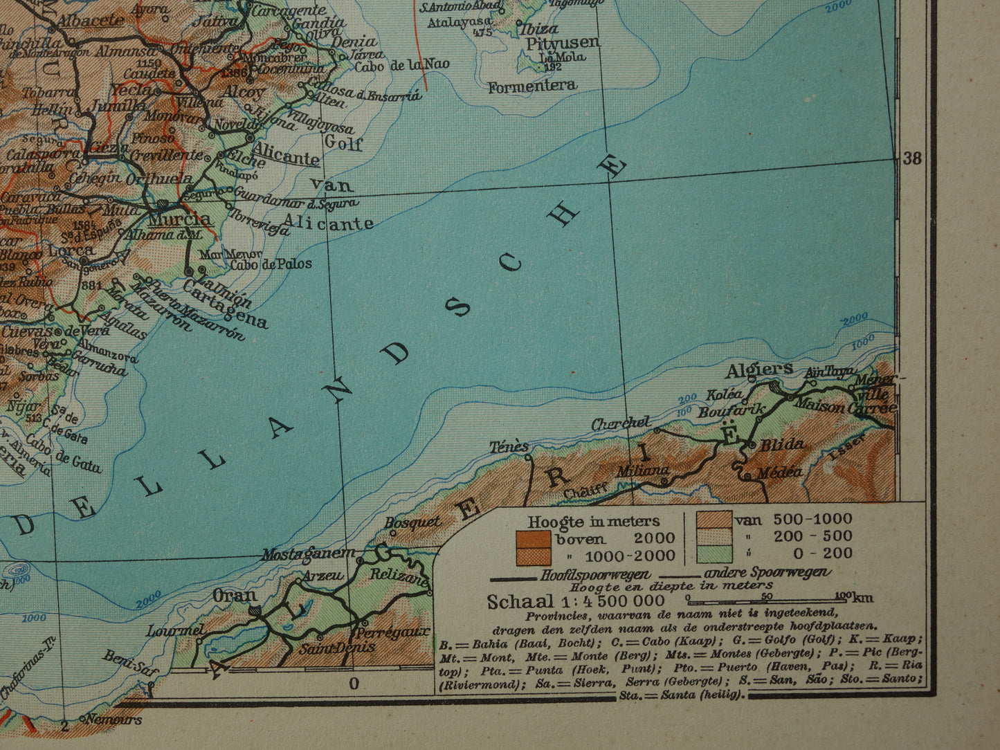 SPANJE Oude kaart uit het jaar 1938 historische Nederlandse landkaart Spanje Portugal vintage kaarten
