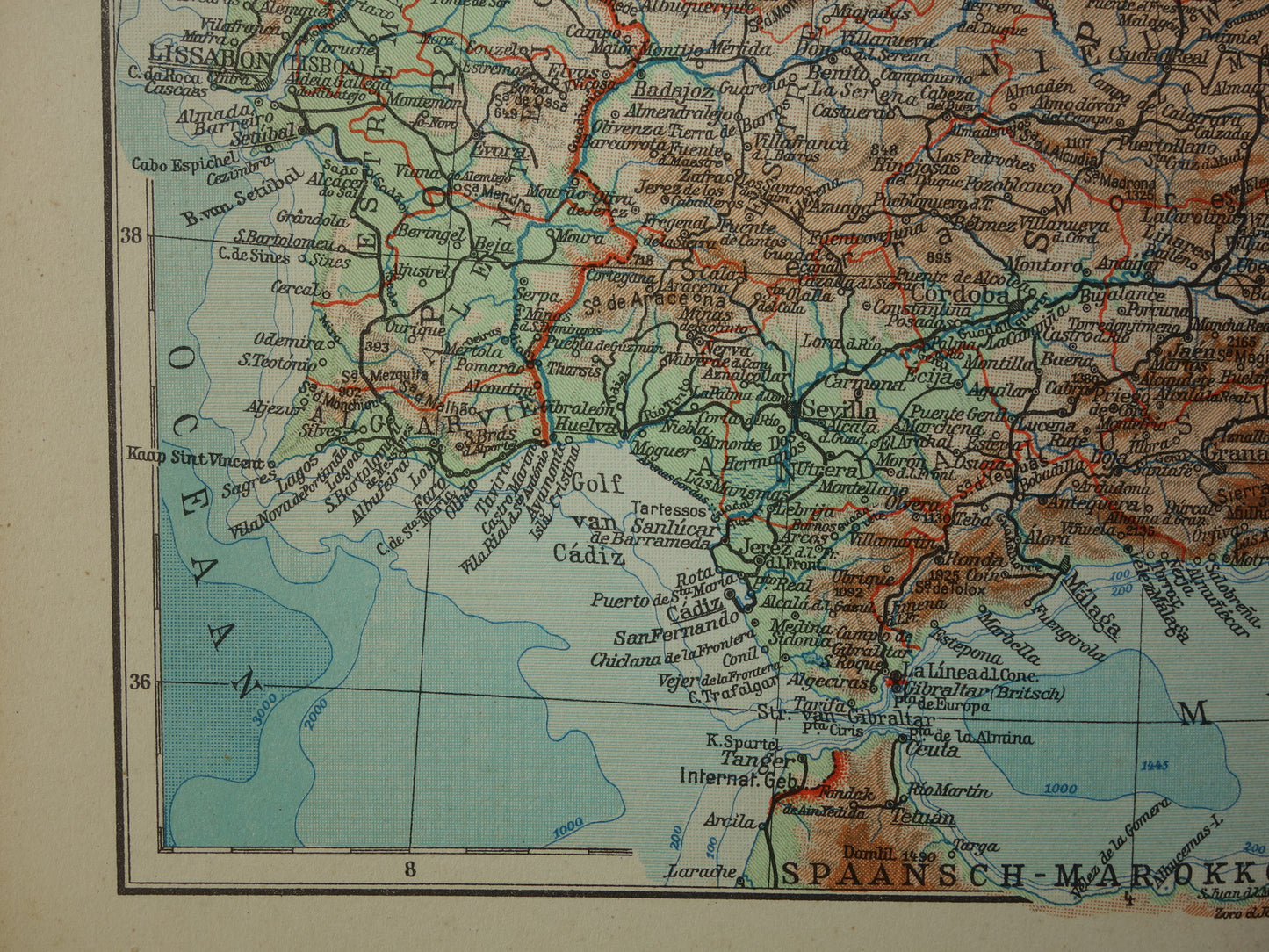SPANJE Oude kaart uit het jaar 1938 historische Nederlandse landkaart Spanje Portugal vintage kaarten