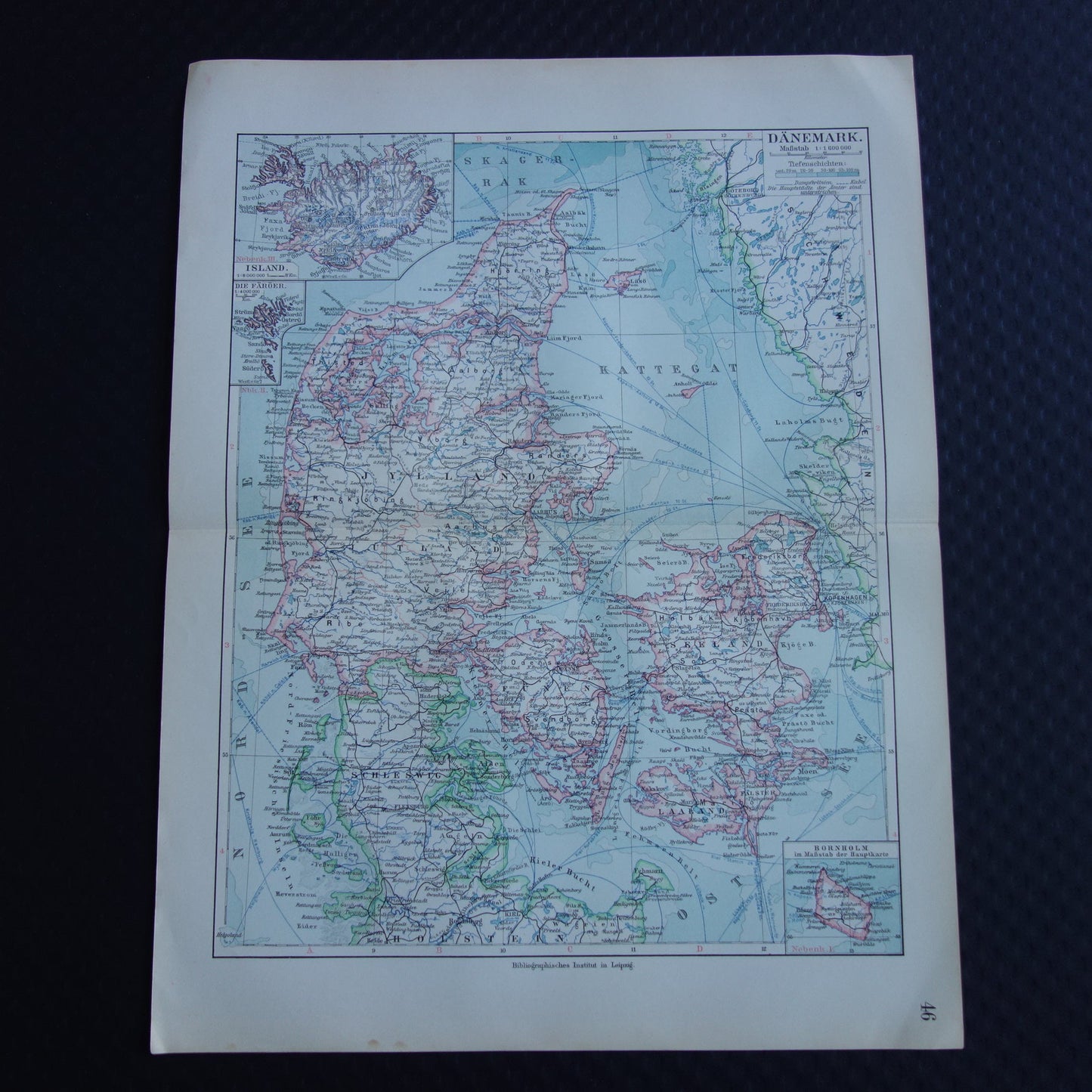 DENEMARKEN oude kaart van Denemarken uit 1913 originele antieke landkaart