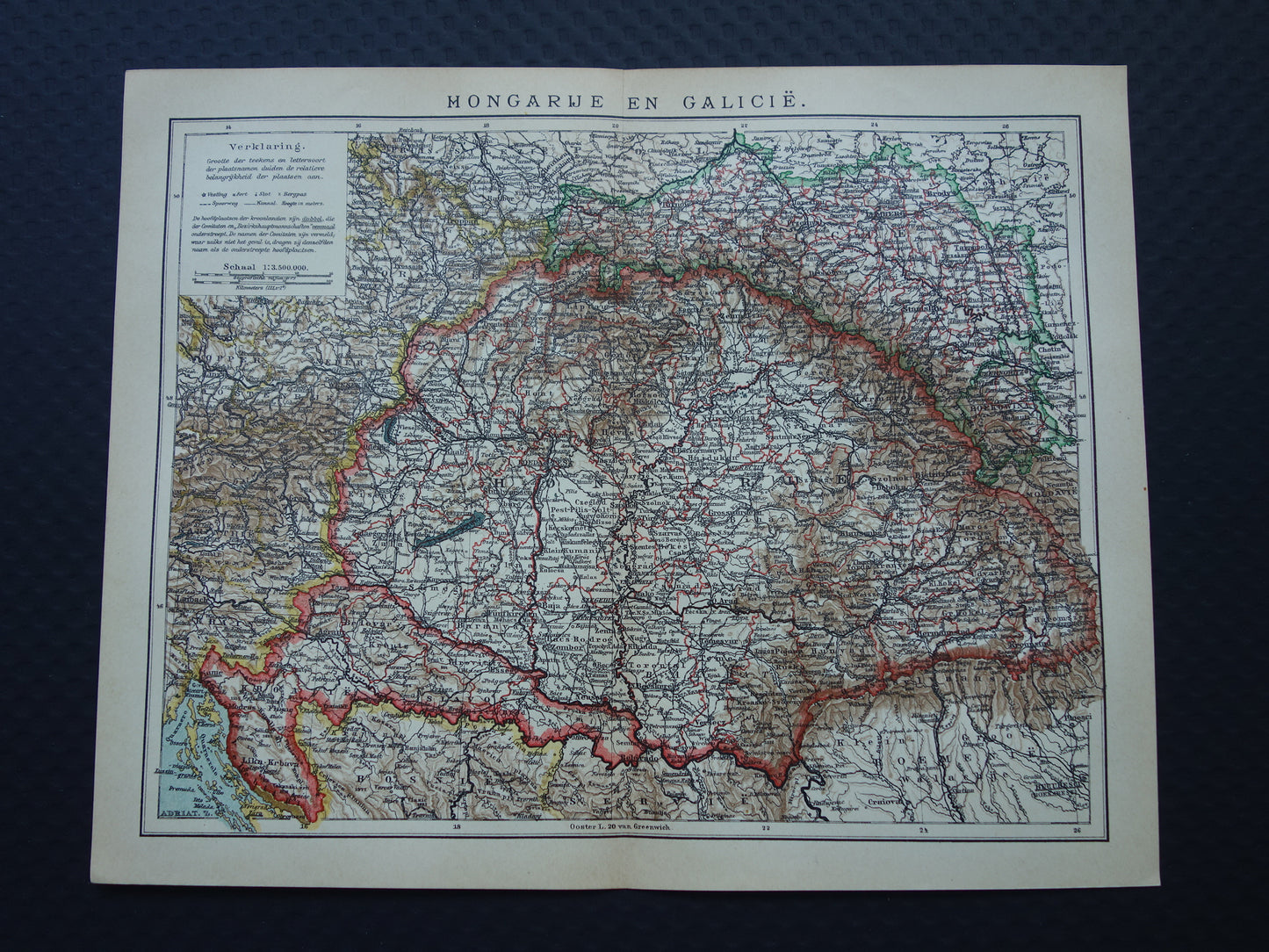 HONGARIJE oude Nederlandse kaart van Hongarije uit 1908 originele antieke landkaart