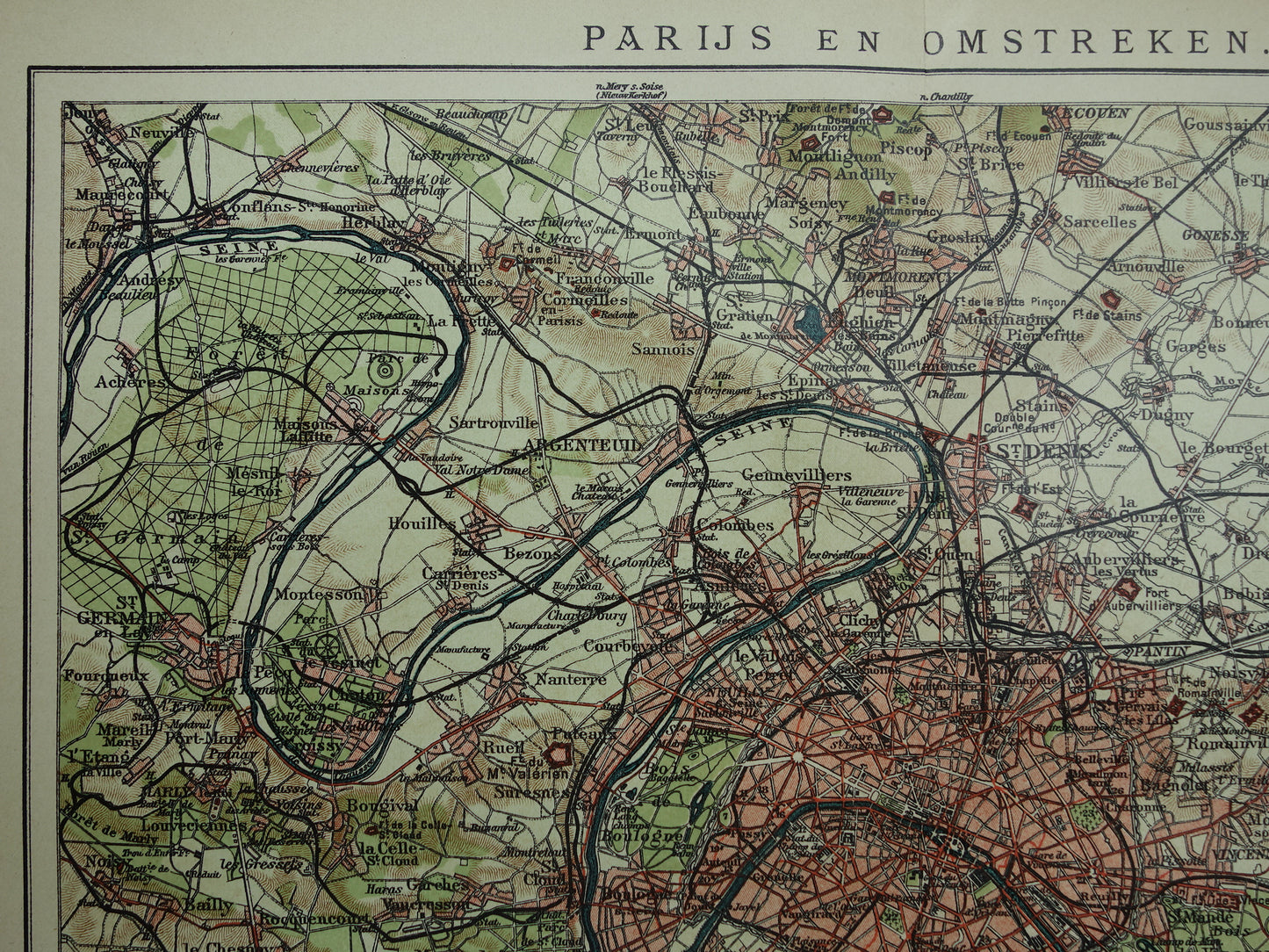 PARIJS oude kaart Originele antieke Nederlandse plattegrond van Parijs en omgeving uit 1910 vintage historische kaarten