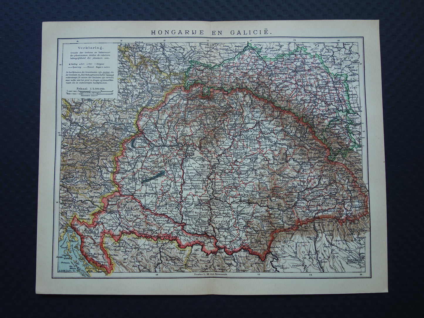 HONGARIJE oude Nederlandse kaart van Hongarije uit 1908 originele antieke landkaart