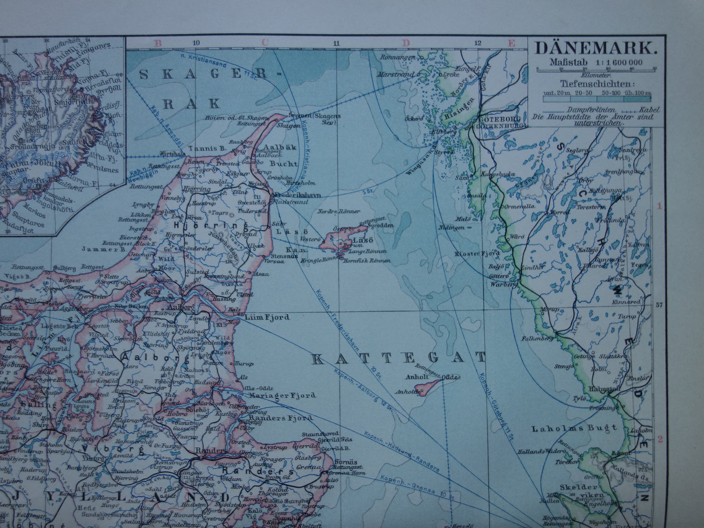 DENEMARKEN oude kaart van Denemarken uit 1913 originele antieke landkaart
