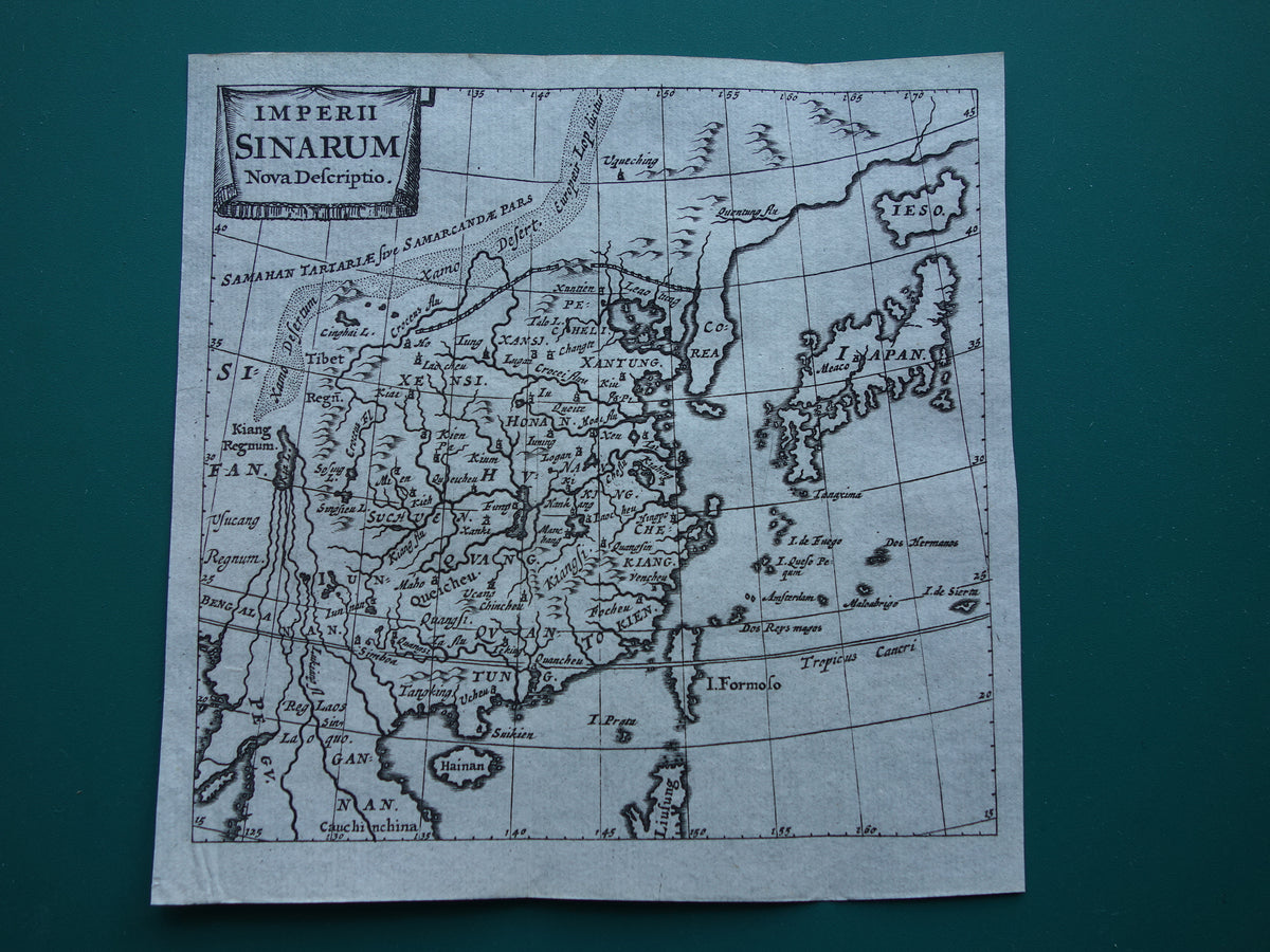 360+ jaar oude kaart van China en Japan 1661 originele antieke landkaart klein formaat