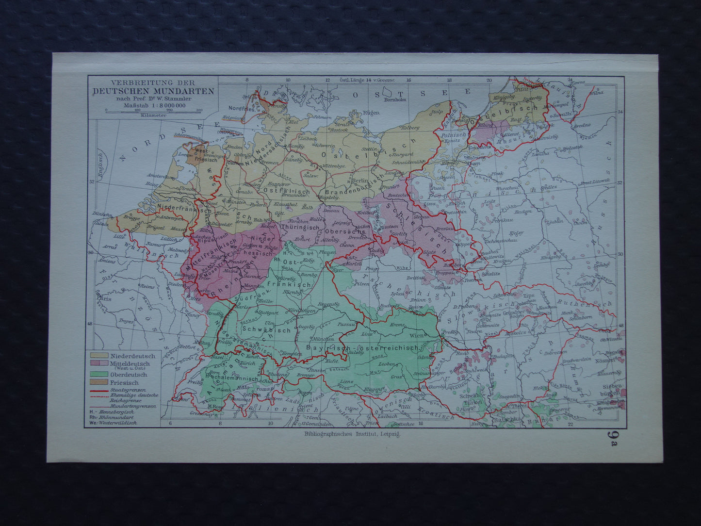 DUITSLAND oude taalkundige kaart van Duitse dialecten - kleine originele vintage landkkaart uit 1928 van het Duitse rijk dialect - taalkaart Hoogduits Nederduits