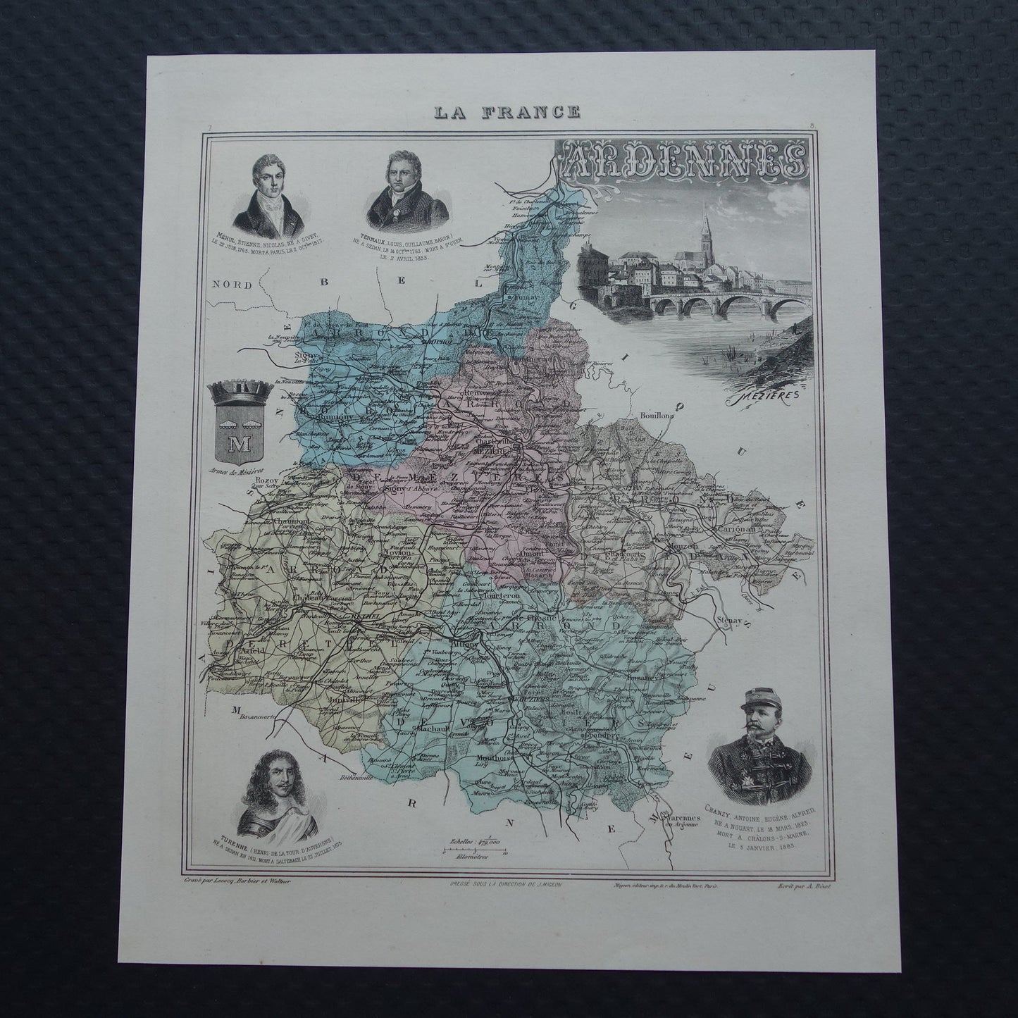 Oude kaart van Ardennes departement in Frankrijk uit 1886 originele antieke handgekleurde landkaart Charleville Mezieres Rethel Sedan Revin Ardennen