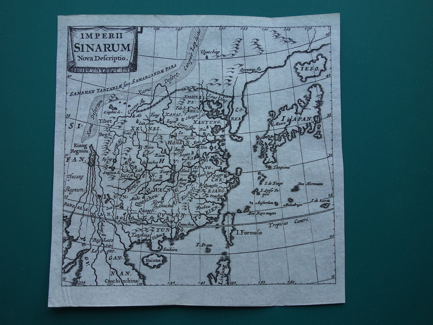 360+ jaar oude kaart van China en Japan 1661 originele antieke landkaart klein formaat