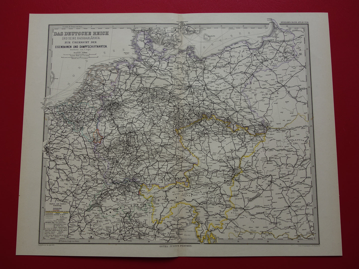 Antieke kaart van Spoorwegen in Nederland Duitsland originele 140+ jaar oude landkaart spoorlijnen centraal Europa spoorkaart