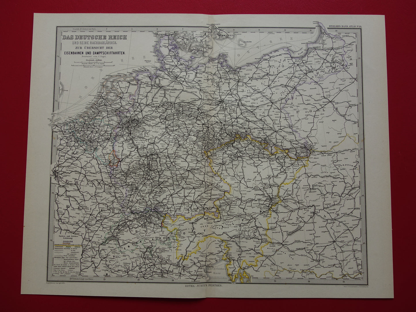 Antieke kaart van Spoorwegen in Nederland Duitsland originele 140+ jaar oude landkaart spoorlijnen centraal Europa spoorkaart