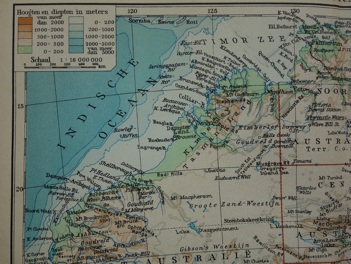 Oude kaart van Australië uit 1933 originele vintage Nederlandse landkaart van Australië gedetailleerde kaarten