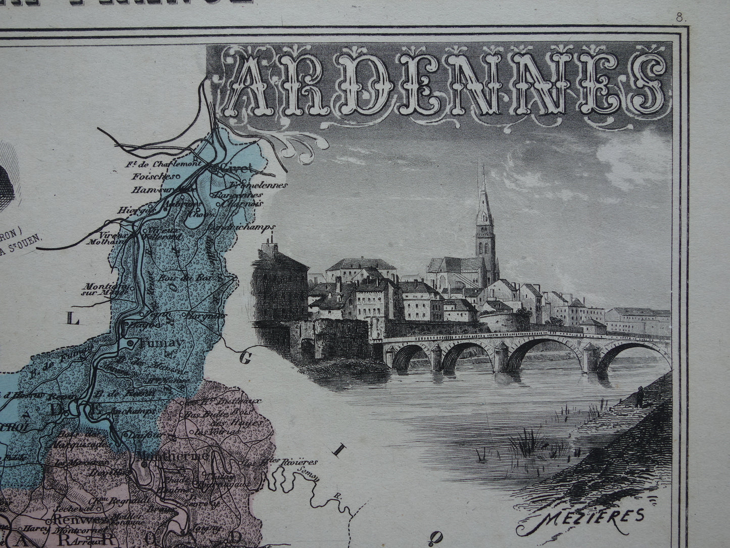 Oude kaart van Ardennes departement in Frankrijk uit 1886 originele antieke handgekleurde landkaart Charleville Mezieres Rethel Sedan Revin Ardennen