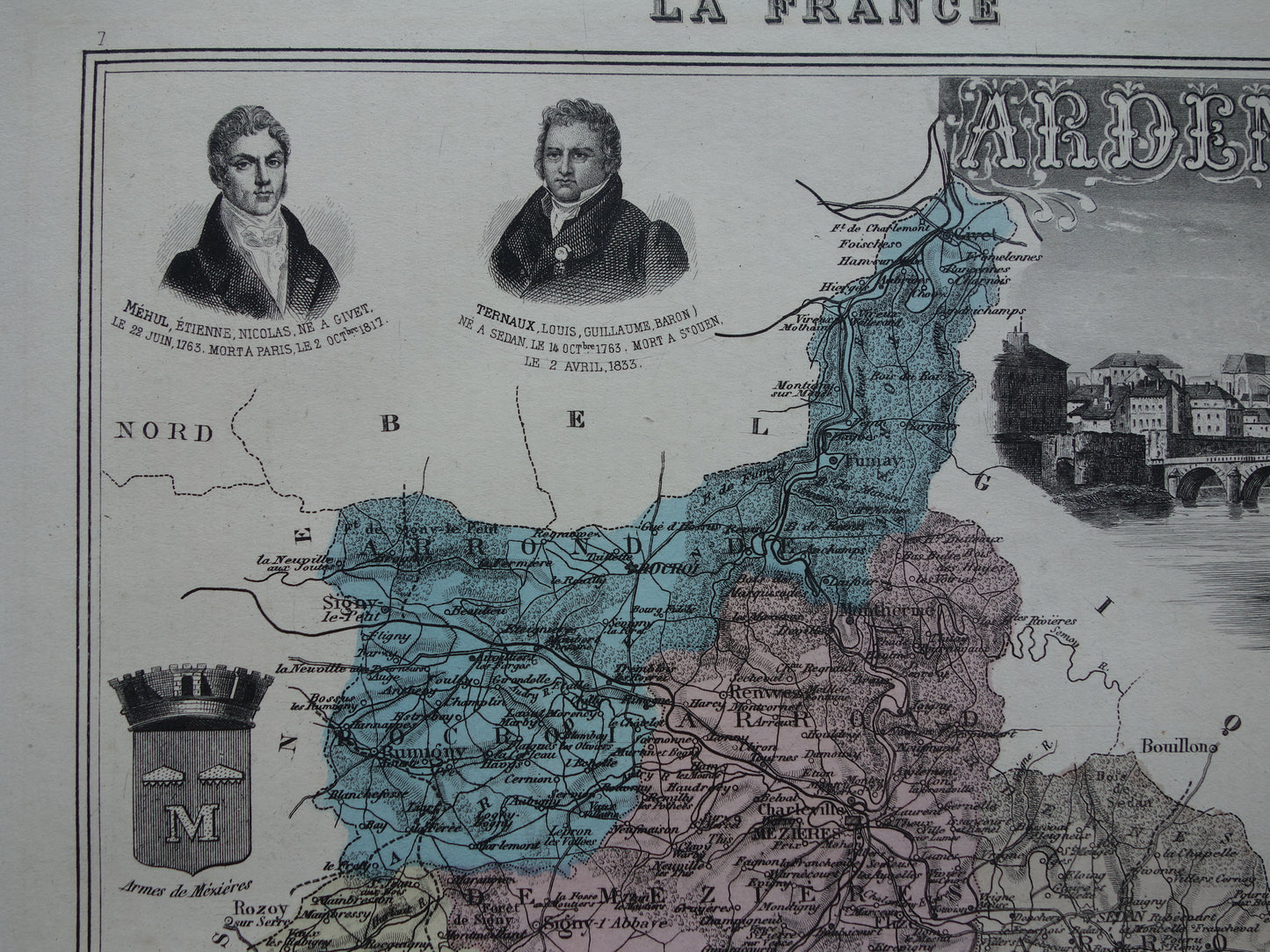 Oude kaart van Ardennes departement in Frankrijk uit 1886 originele antieke handgekleurde landkaart Charleville Mezieres Rethel Sedan Revin Ardennen