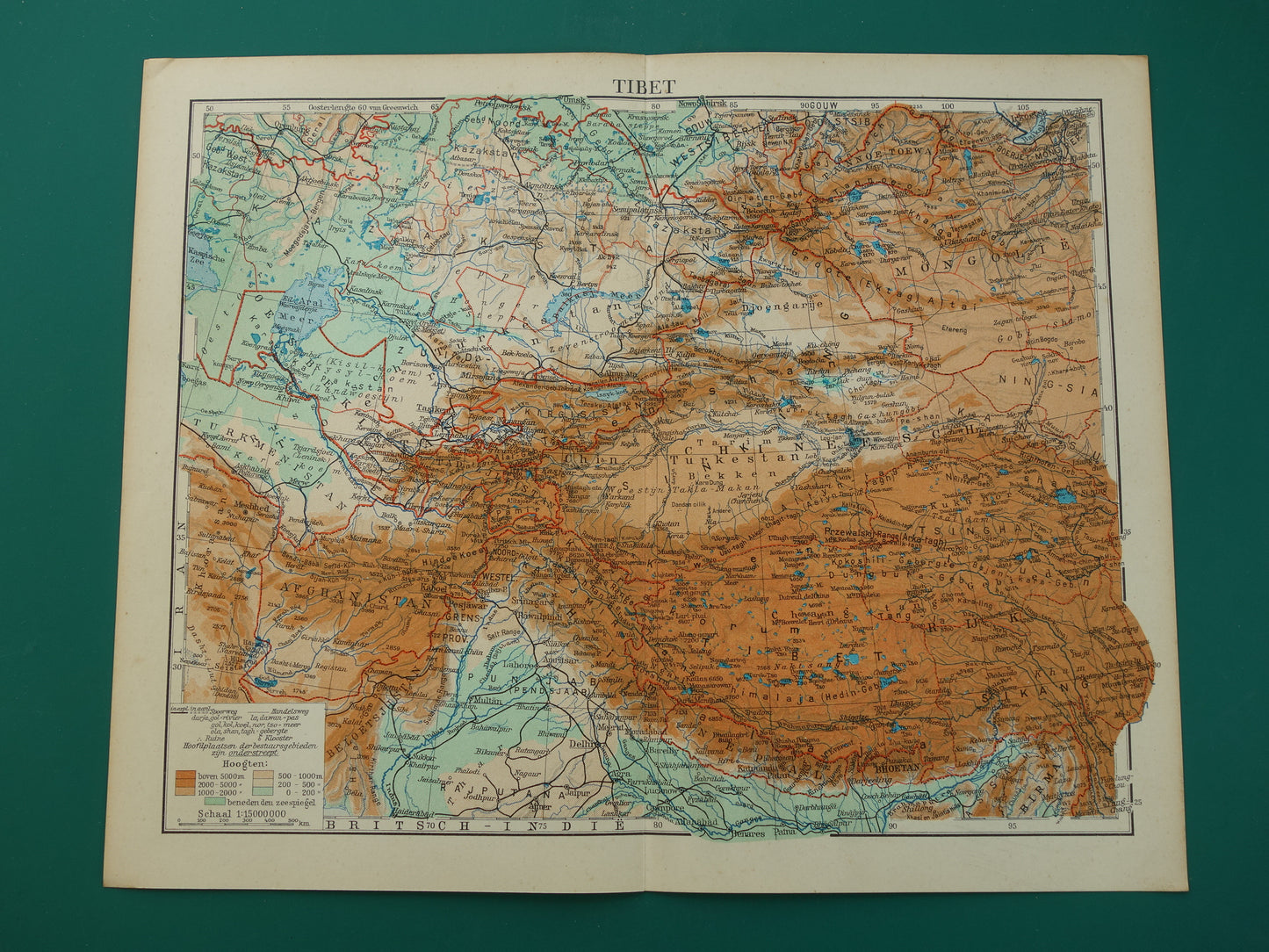 TIBET en XINJIANG Oude kaart uit het jaar 1938 historische Nederlandse landkaart Tibet en Xinjiang vintage kaarten