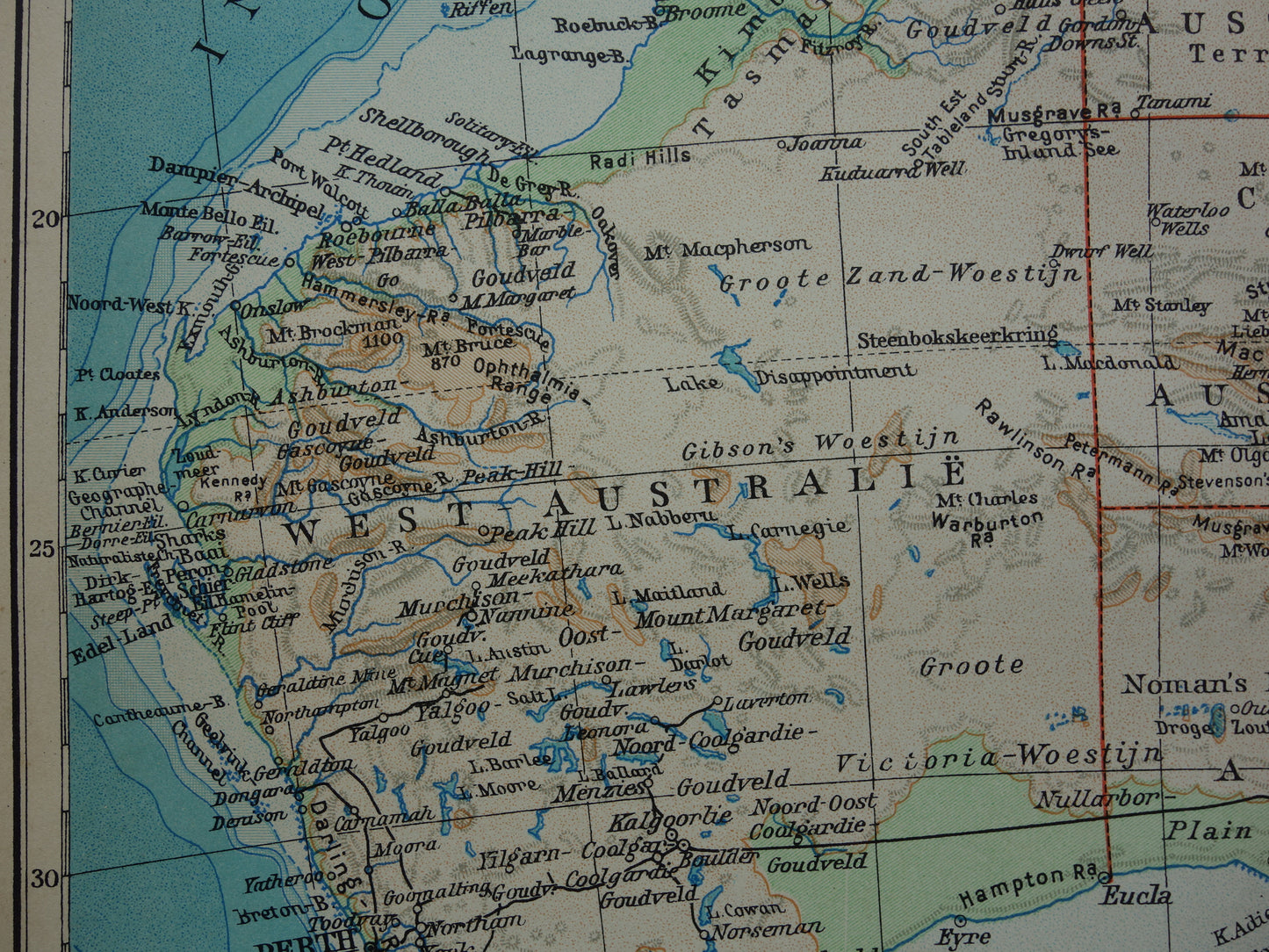 Oude kaart van Australië uit 1933 originele vintage Nederlandse landkaart van Australië gedetailleerde kaarten