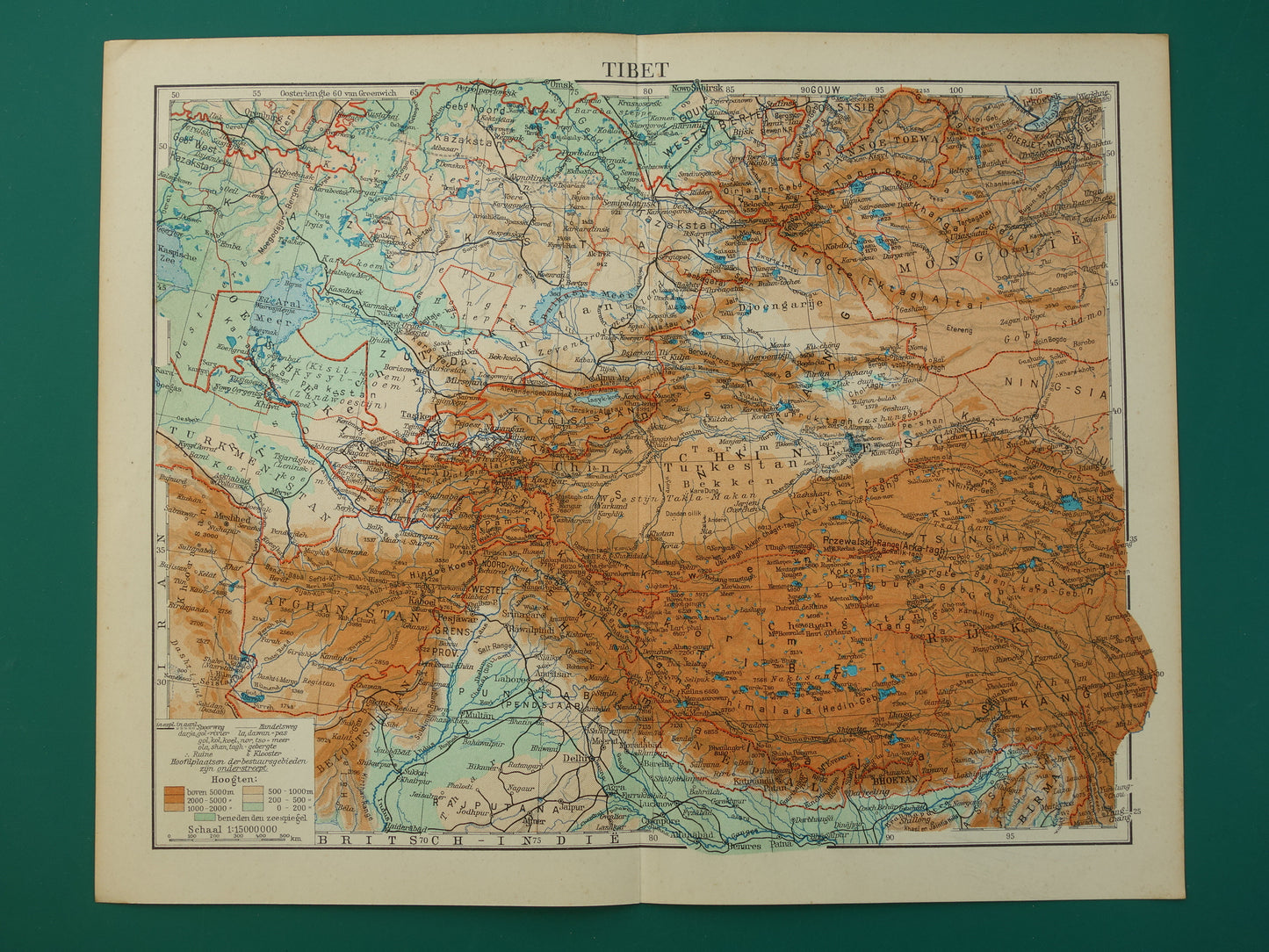 TIBET en XINJIANG Oude kaart uit het jaar 1938 historische Nederlandse landkaart Tibet en Xinjiang vintage kaarten