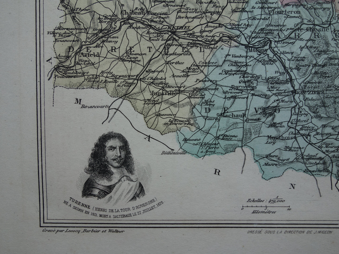 Oude kaart van Ardennes departement in Frankrijk uit 1886 originele antieke handgekleurde landkaart Charleville Mezieres Rethel Sedan Revin Ardennen