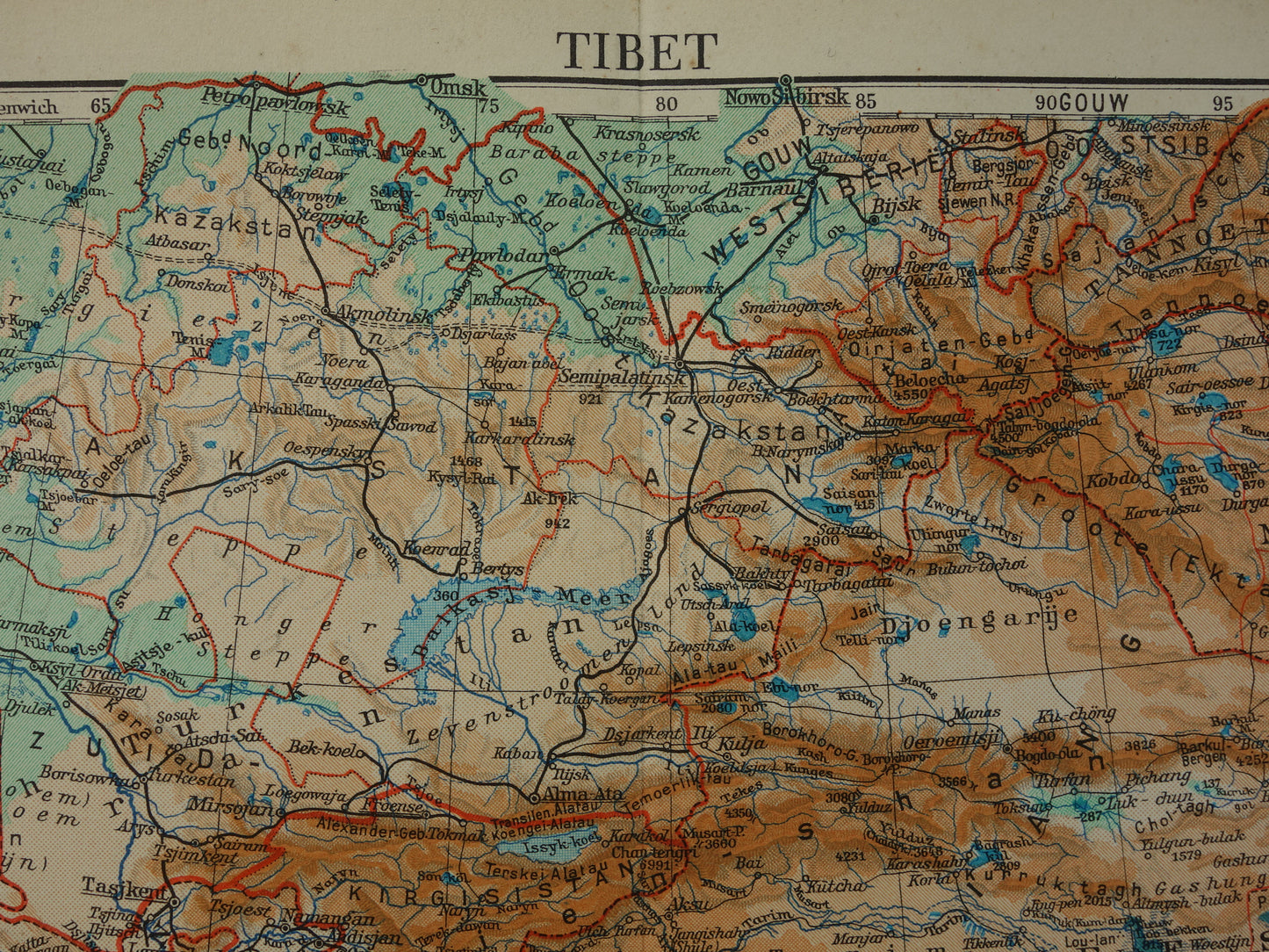 TIBET en XINJIANG Oude kaart uit het jaar 1938 historische Nederlandse landkaart Tibet en Xinjiang vintage kaarten