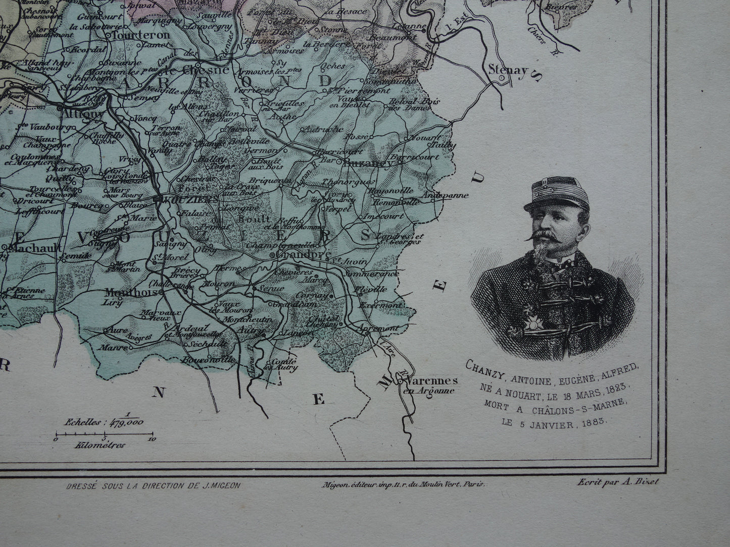 Oude kaart van Ardennes departement in Frankrijk uit 1886 originele antieke handgekleurde landkaart Charleville Mezieres Rethel Sedan Revin Ardennen