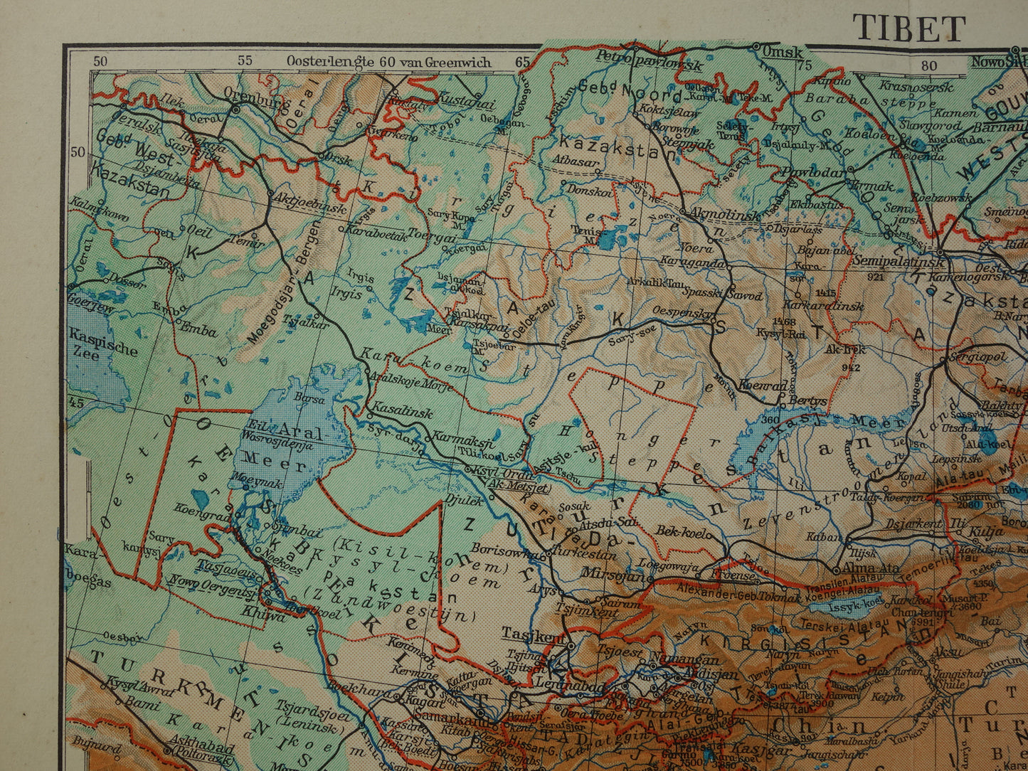 TIBET en XINJIANG Oude kaart uit het jaar 1938 historische Nederlandse landkaart Tibet en Xinjiang vintage kaarten