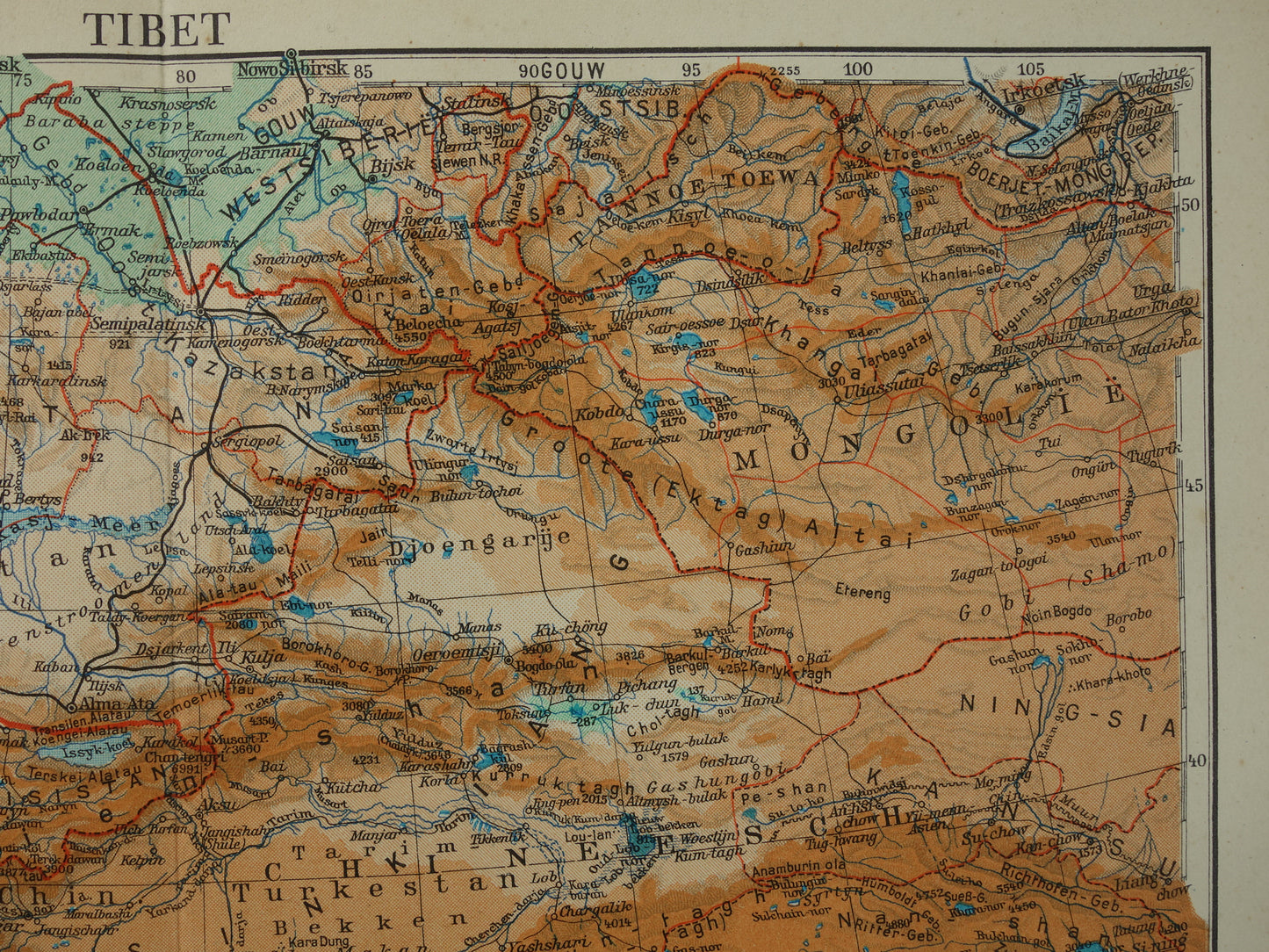 TIBET en XINJIANG Oude kaart uit het jaar 1938 historische Nederlandse landkaart Tibet en Xinjiang vintage kaarten