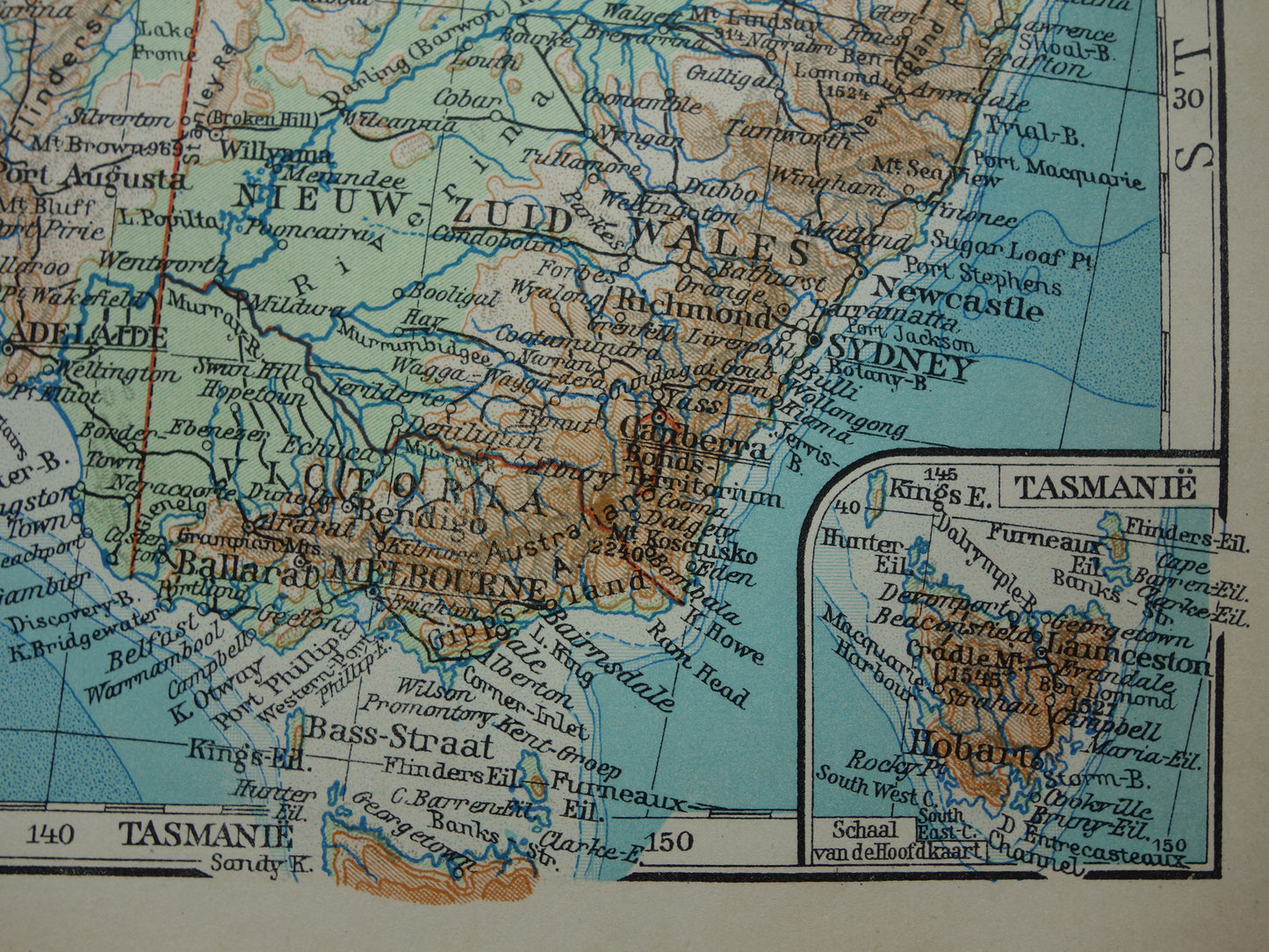 Oude kaart van Australië uit 1933 originele vintage Nederlandse landkaart van Australië gedetailleerde kaarten