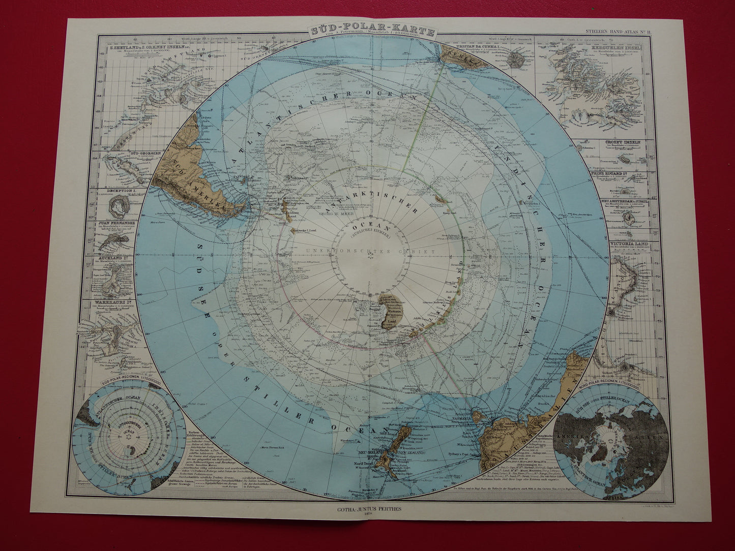 ZUIDPOOL oude landkaart van het Zuidpoolgebied 1879 originele antieke Duitse kaart van Antarctica poolexpedities