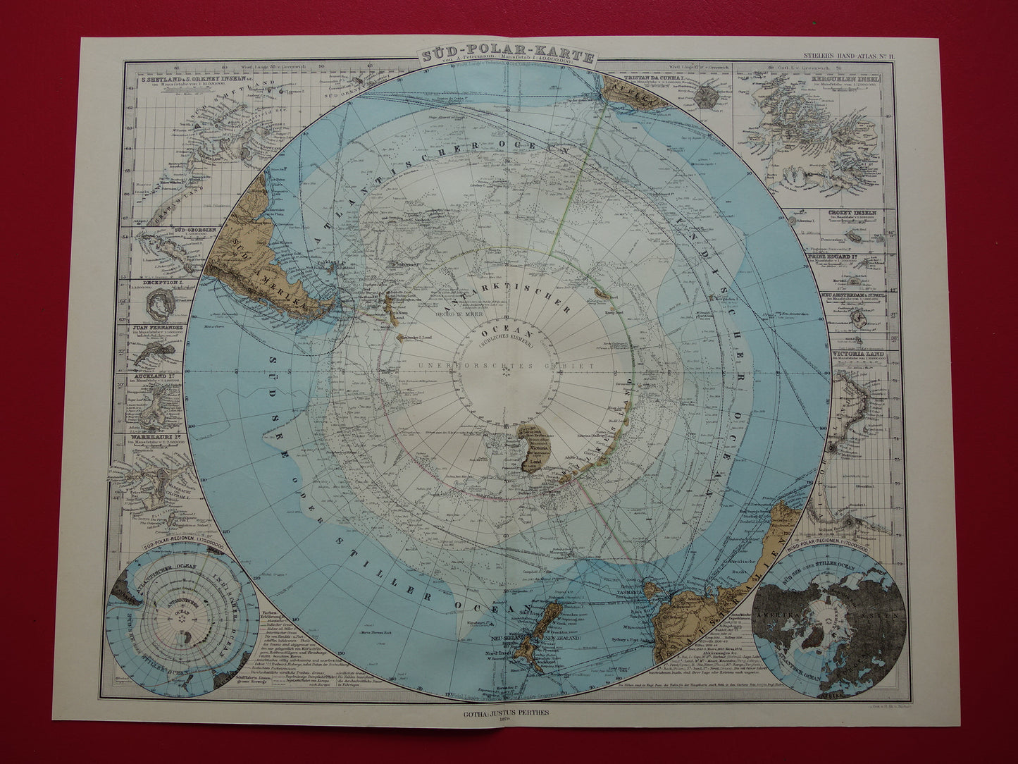ZUIDPOOL oude landkaart van het Zuidpoolgebied 1879 originele antieke Duitse kaart van Antarctica poolexpedities