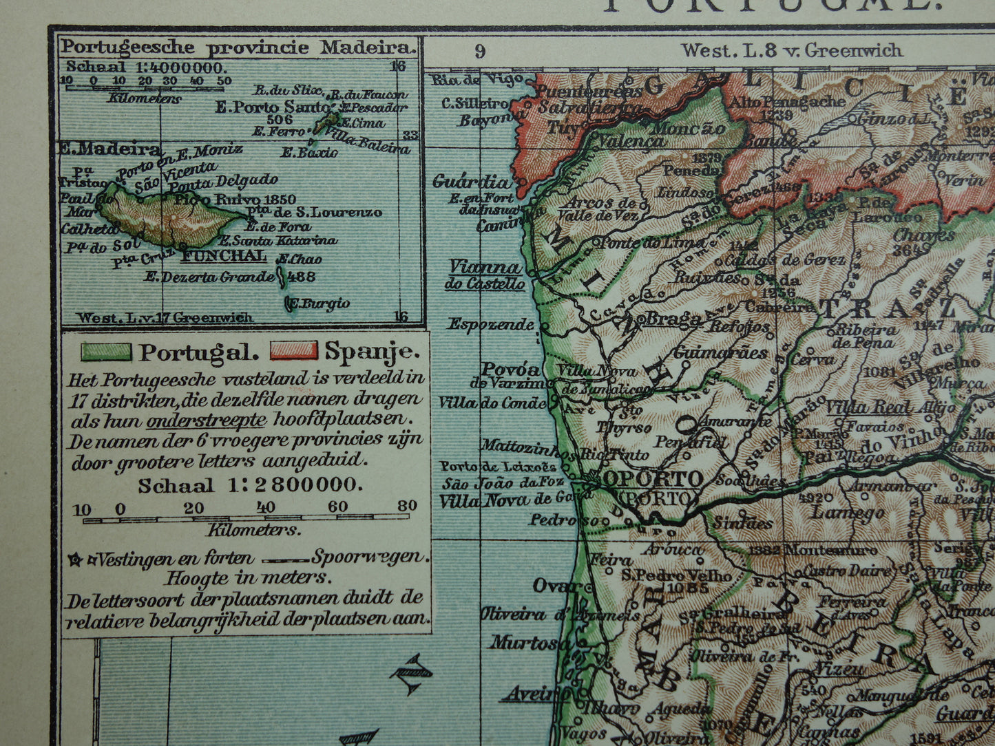 PORTUGAL oude kaart van Portugal 1910 originele antieke Nederlandse kleine landkaart Porto Lissabon Faro