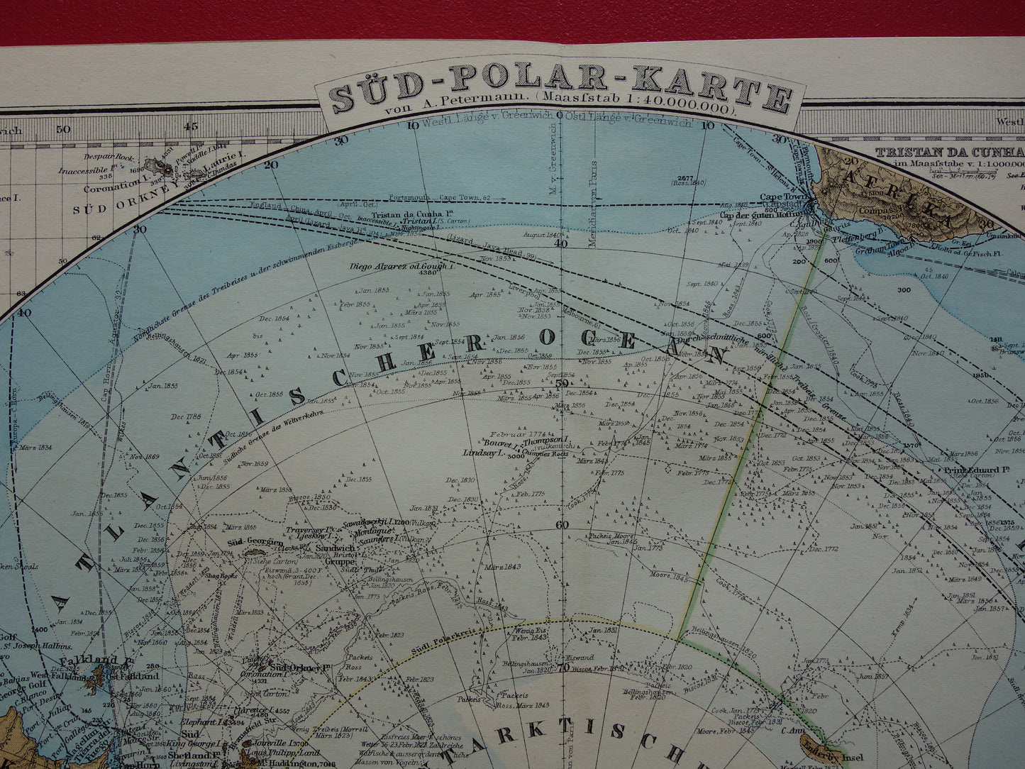 ZUIDPOOL oude landkaart van het Zuidpoolgebied 1879 originele antieke Duitse kaart van Antarctica poolexpedities