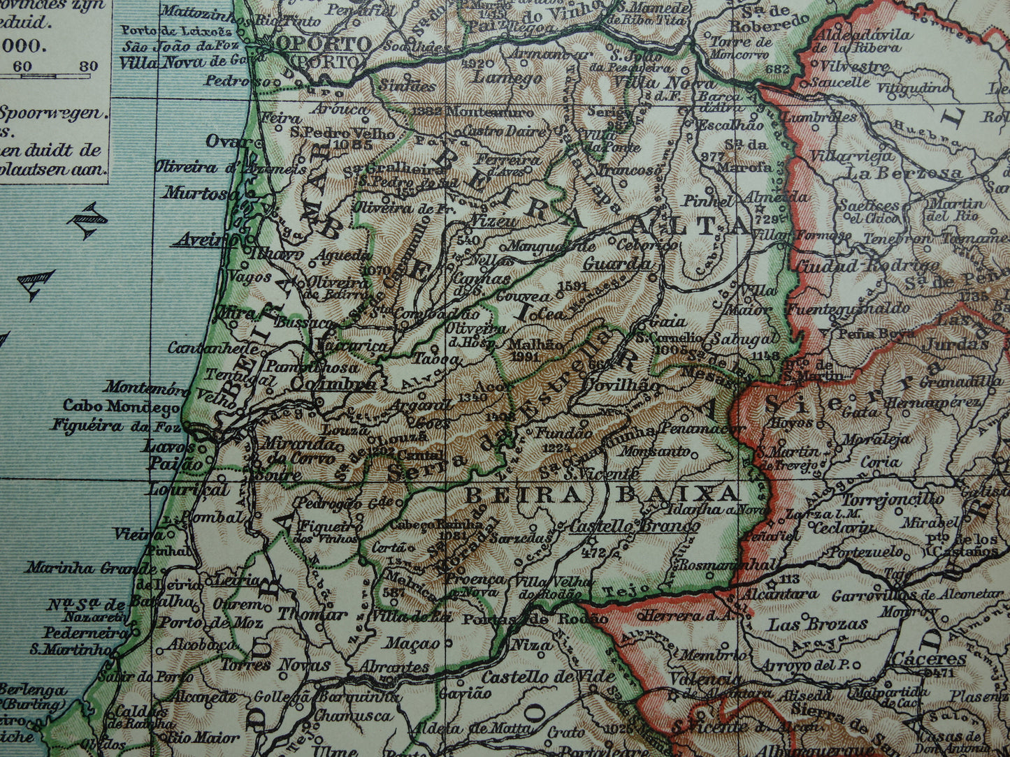 PORTUGAL oude kaart van Portugal 1910 originele antieke Nederlandse kleine landkaart Porto Lissabon Faro