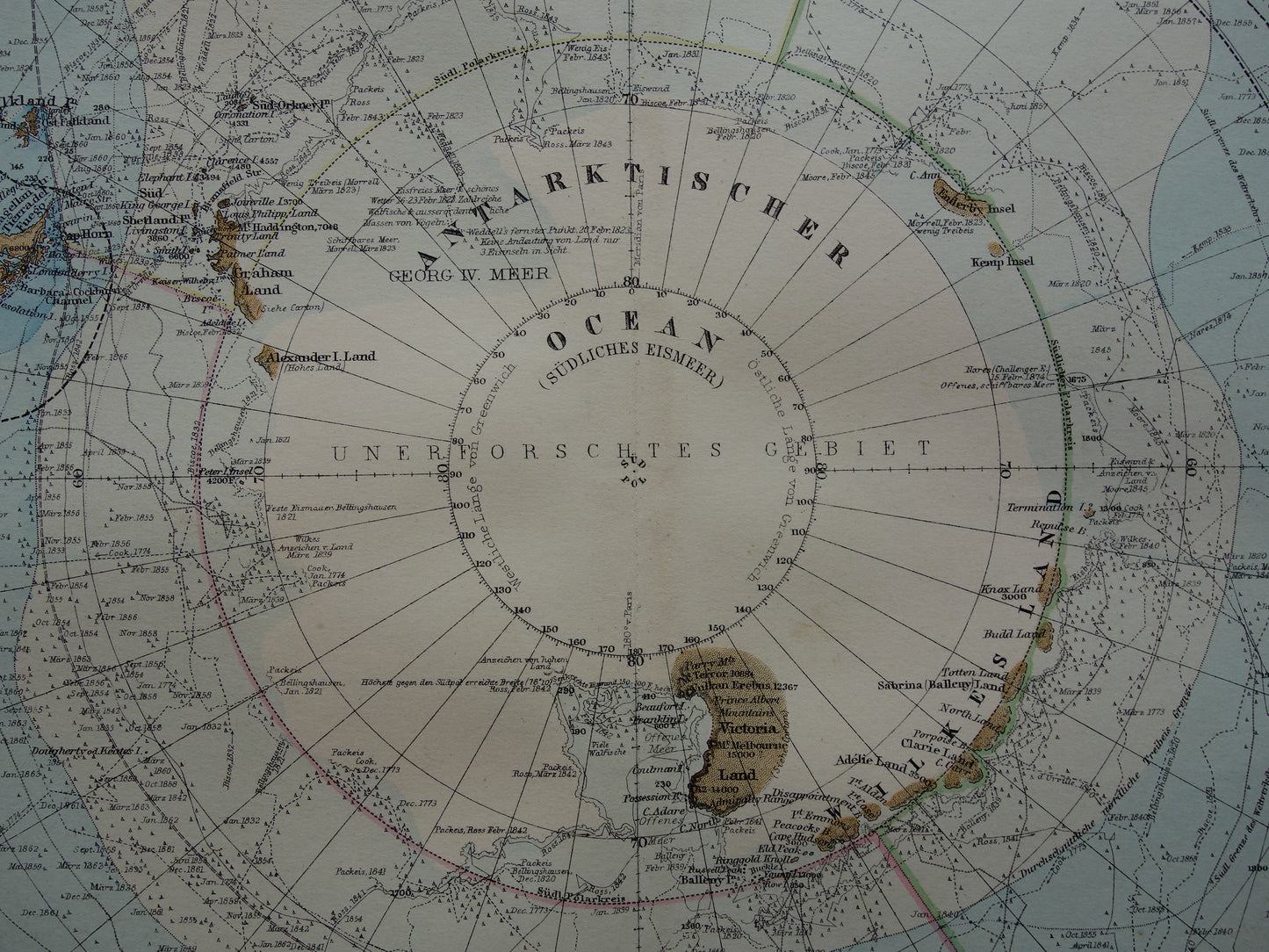 ZUIDPOOL oude landkaart van het Zuidpoolgebied 1879 originele antieke Duitse kaart van Antarctica poolexpedities