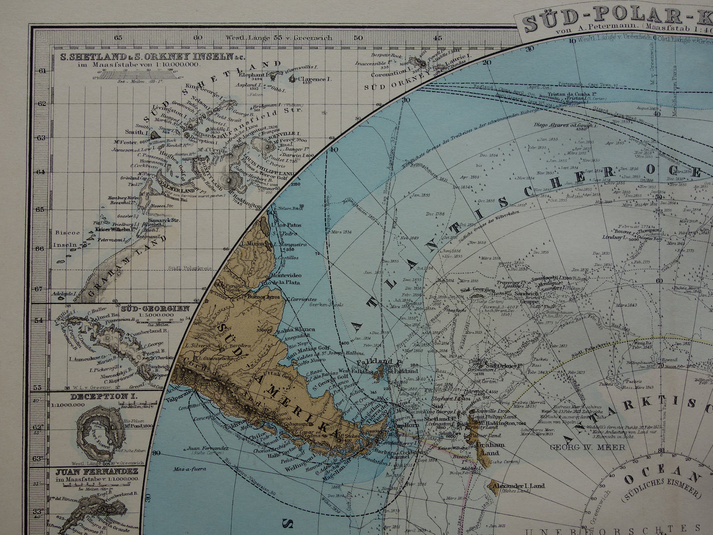ZUIDPOOL oude landkaart van het Zuidpoolgebied 1879 originele antieke Duitse kaart van Antarctica poolexpedities