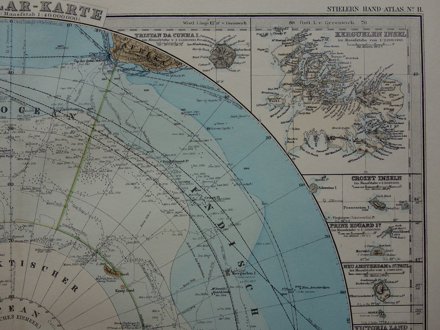 ZUIDPOOL oude landkaart van het Zuidpoolgebied 1879 originele antieke Duitse kaart van Antarctica poolexpedities