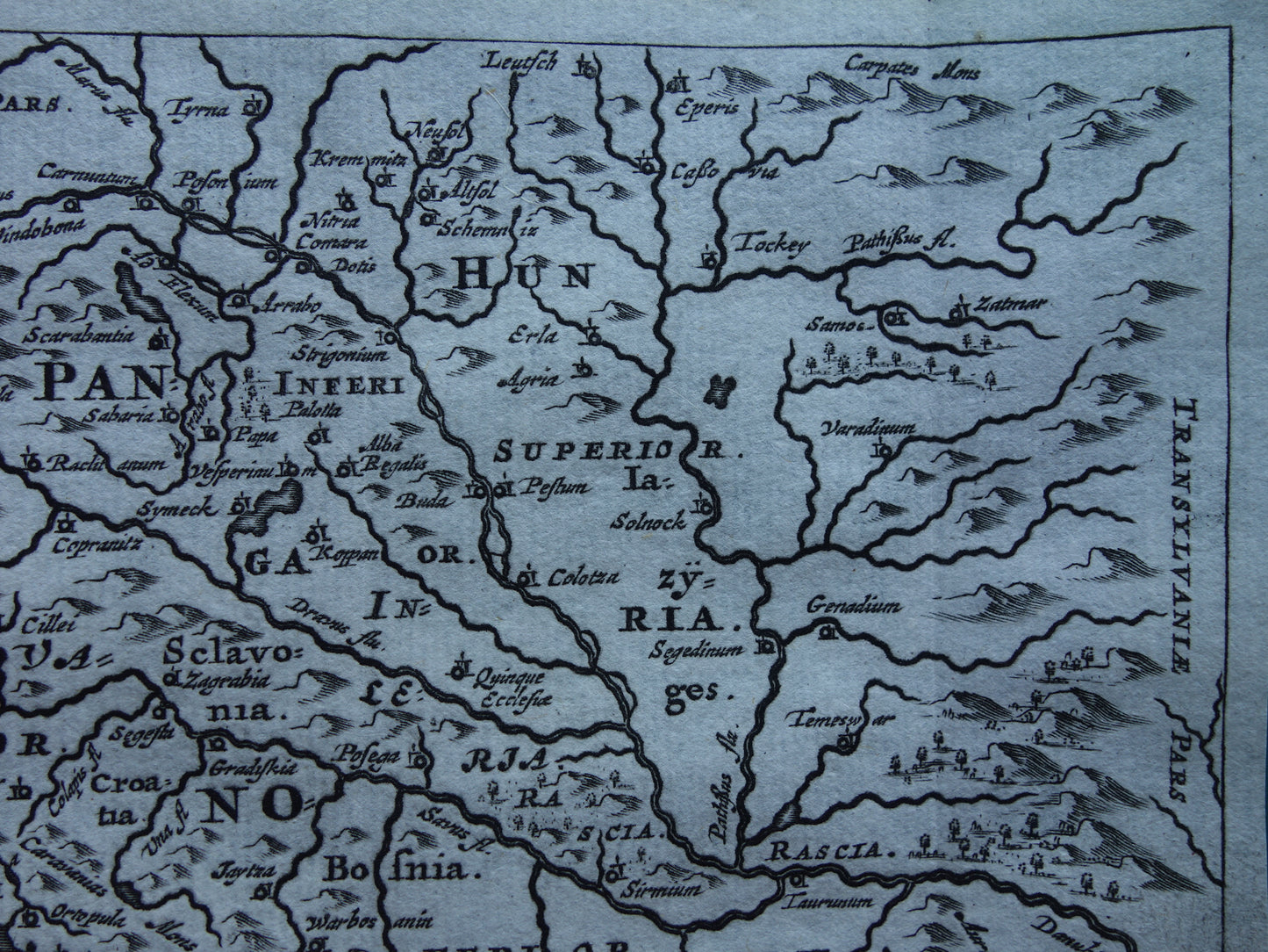 360+ jaar oude kaart van Bosnië Kroatië Slovenië 1661 originele antieke landkaart klein formaat Pannonia et Illyricum Cluver