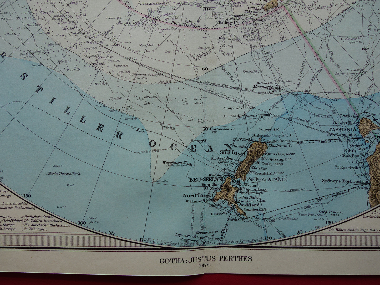 ZUIDPOOL oude landkaart van het Zuidpoolgebied 1879 originele antieke Duitse kaart van Antarctica poolexpedities