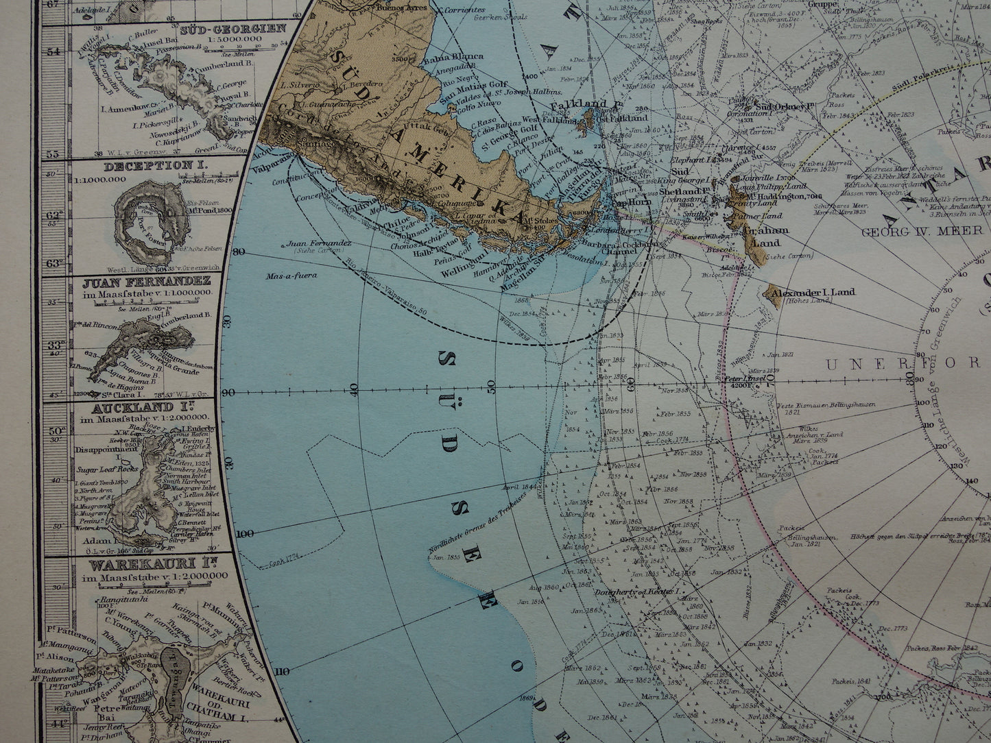 ZUIDPOOL oude landkaart van het Zuidpoolgebied 1879 originele antieke Duitse kaart van Antarctica poolexpedities