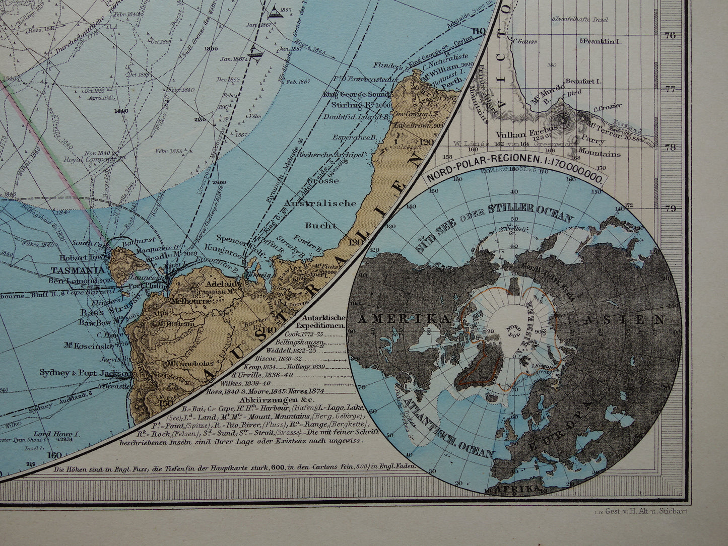 ZUIDPOOL oude landkaart van het Zuidpoolgebied 1879 originele antieke Duitse kaart van Antarctica poolexpedities