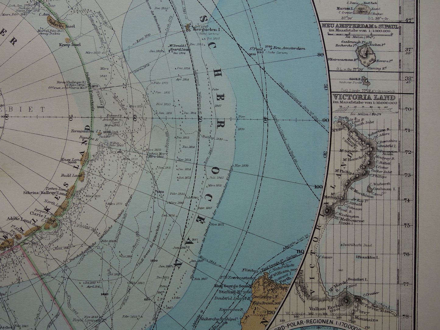 ZUIDPOOL oude landkaart van het Zuidpoolgebied 1879 originele antieke Duitse kaart van Antarctica poolexpedities