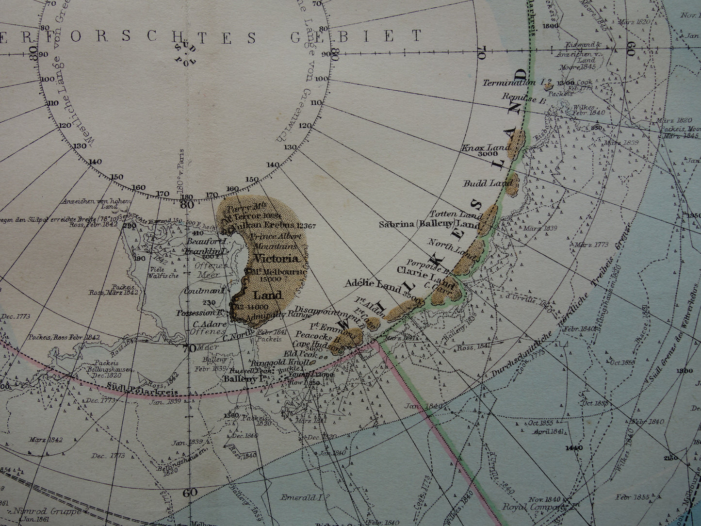 ZUIDPOOL oude landkaart van het Zuidpoolgebied 1879 originele antieke Duitse kaart van Antarctica poolexpedities