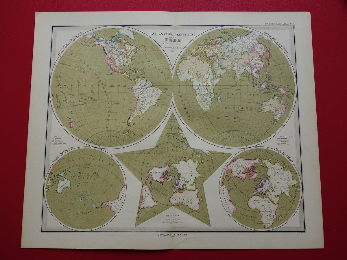 WERELDKAART grote oude kaart van de Wereld uit 1880 originele vintage landkaart grootste landmassa watermassa met datum