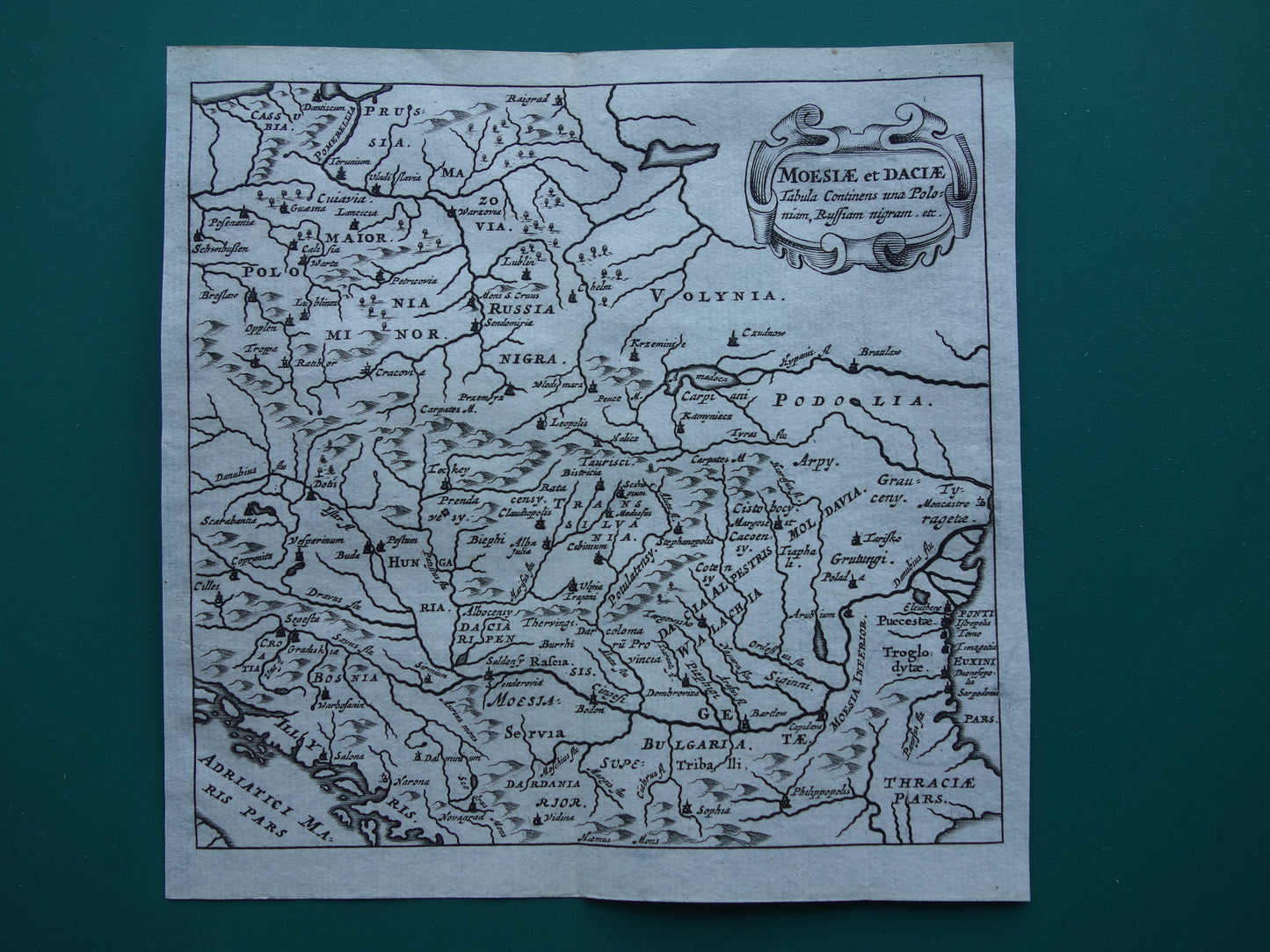 Oude kaart van Polen Roemenië Dacië Moesë in de oudheid 1661 originele antieke landkaart klein formaat Moesiae et Daciae Cluver