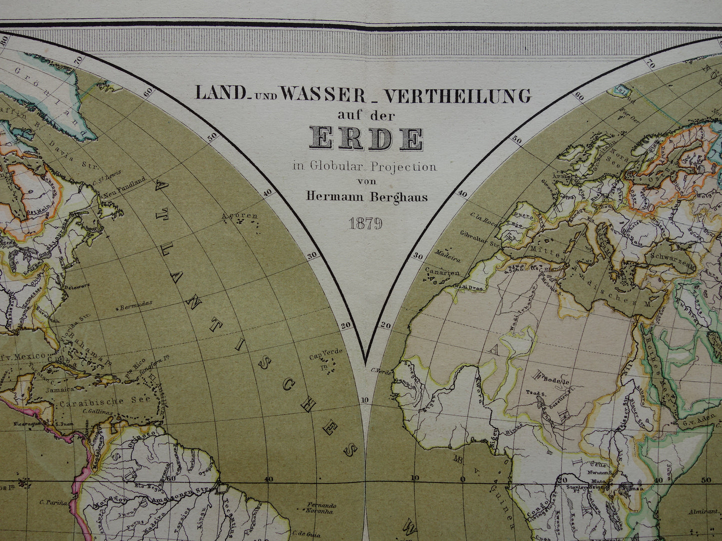 WERELDKAART grote oude kaart van de Wereld uit 1880 originele vintage landkaart grootste landmassa watermassa met datum