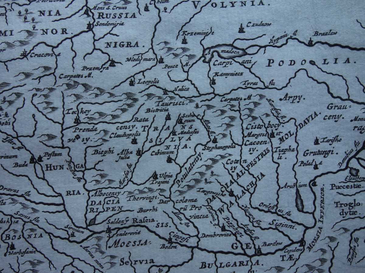 Alte Karte von Polen, Rumänien, Dacia Moesë in der Antike, 1661, originale antike Karte, kleine Größe, Moesiae et Daciae Cluver
