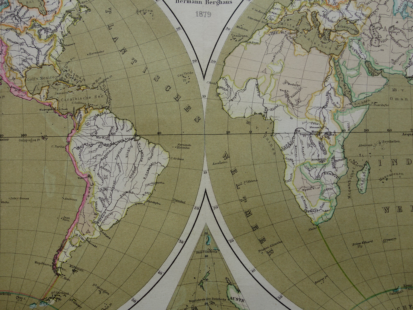 WERELDKAART grote oude kaart van de Wereld uit 1880 originele vintage landkaart grootste landmassa watermassa met datum