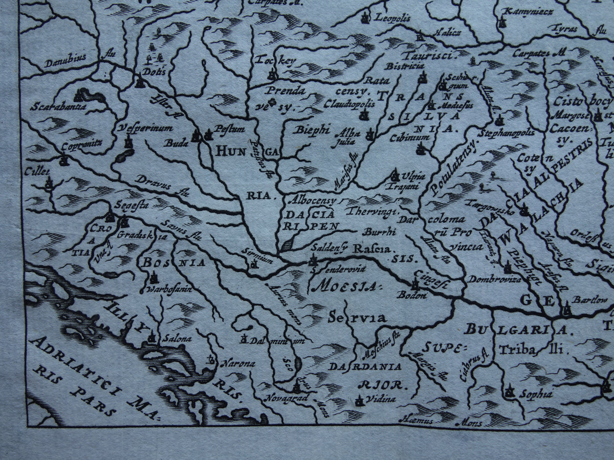 Alte Karte von Polen, Rumänien, Dacia Moesë in der Antike, 1661, originale antike Karte, kleine Größe, Moesiae et Daciae Cluver