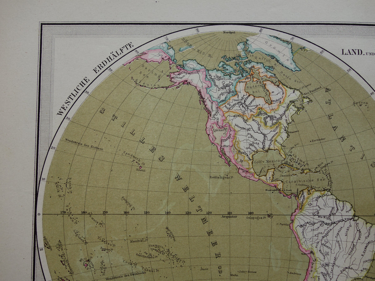 WERELDKAART grote oude kaart van de Wereld uit 1880 originele vintage landkaart grootste landmassa watermassa met datum
