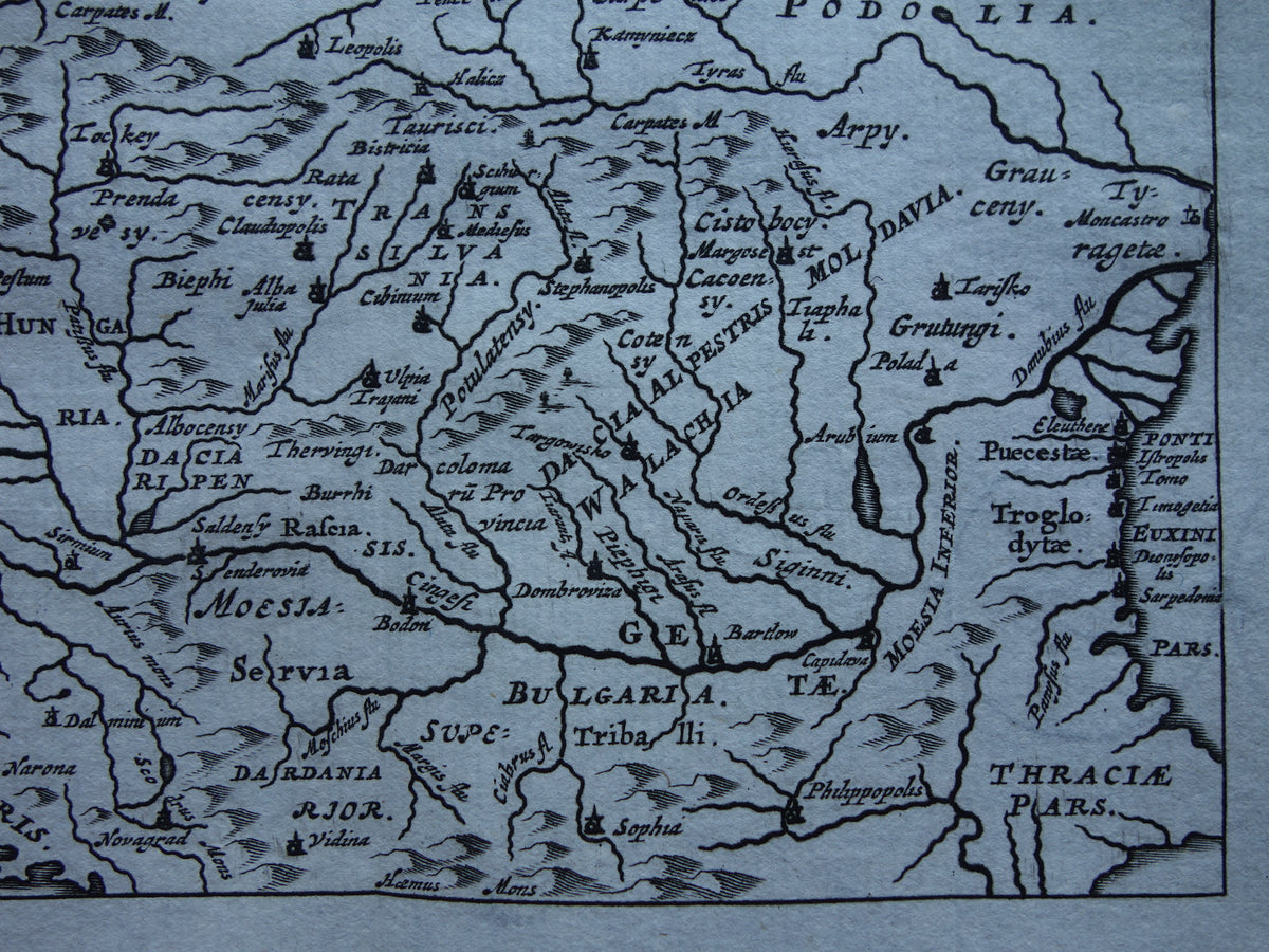 Alte Karte von Polen, Rumänien, Dacia Moesë in der Antike, 1661, originale antike Karte, kleine Größe, Moesiae et Daciae Cluver